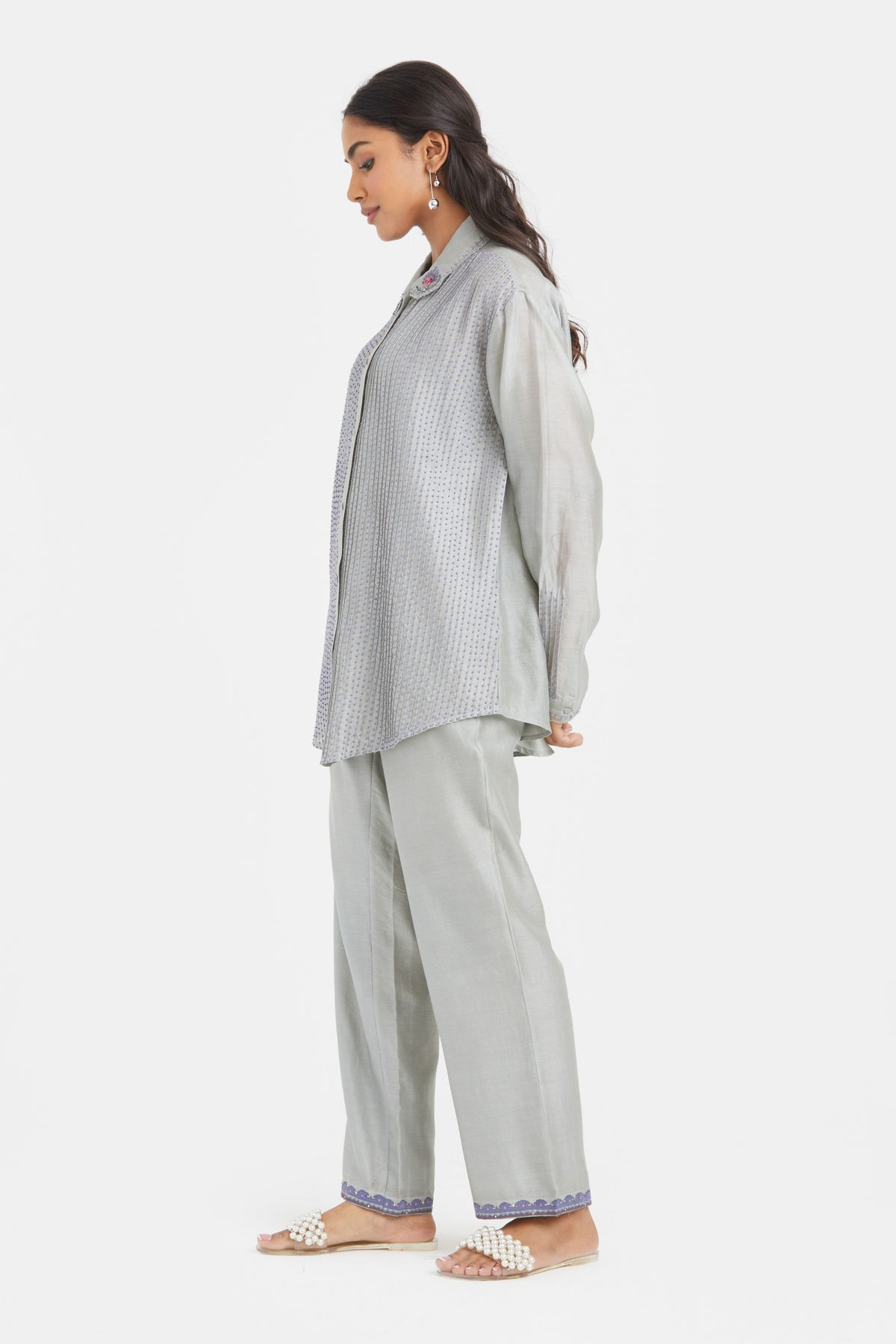 Bluish Grey Chanderi Co-ord Set