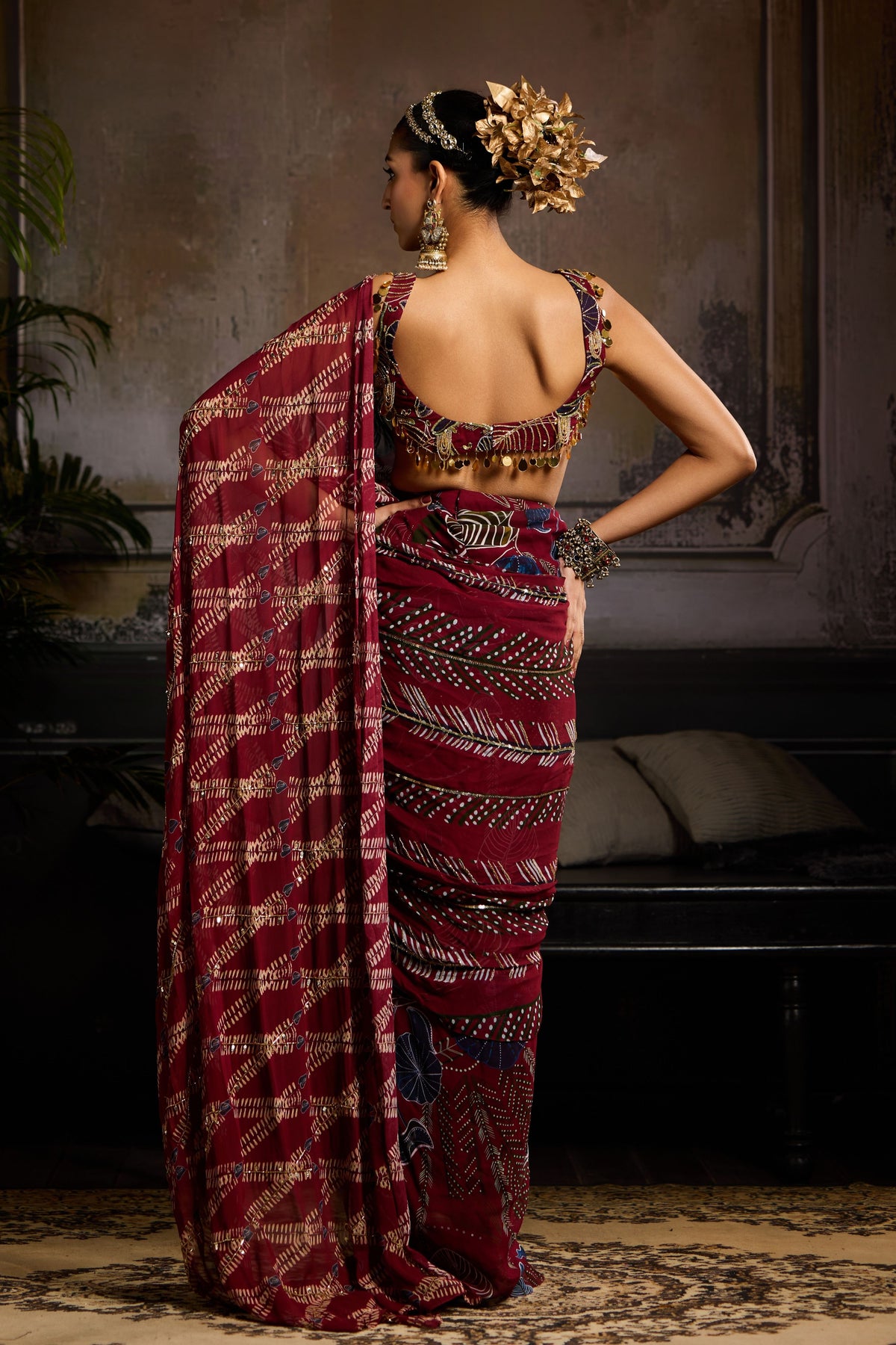 Wine Print Draped Saree Set