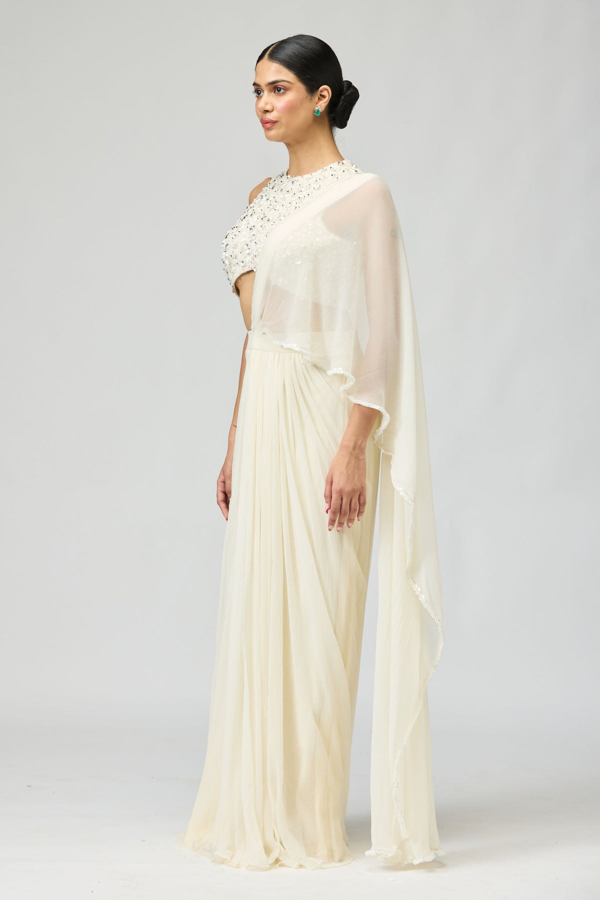 Ivory Silk Chiffon Saree Set