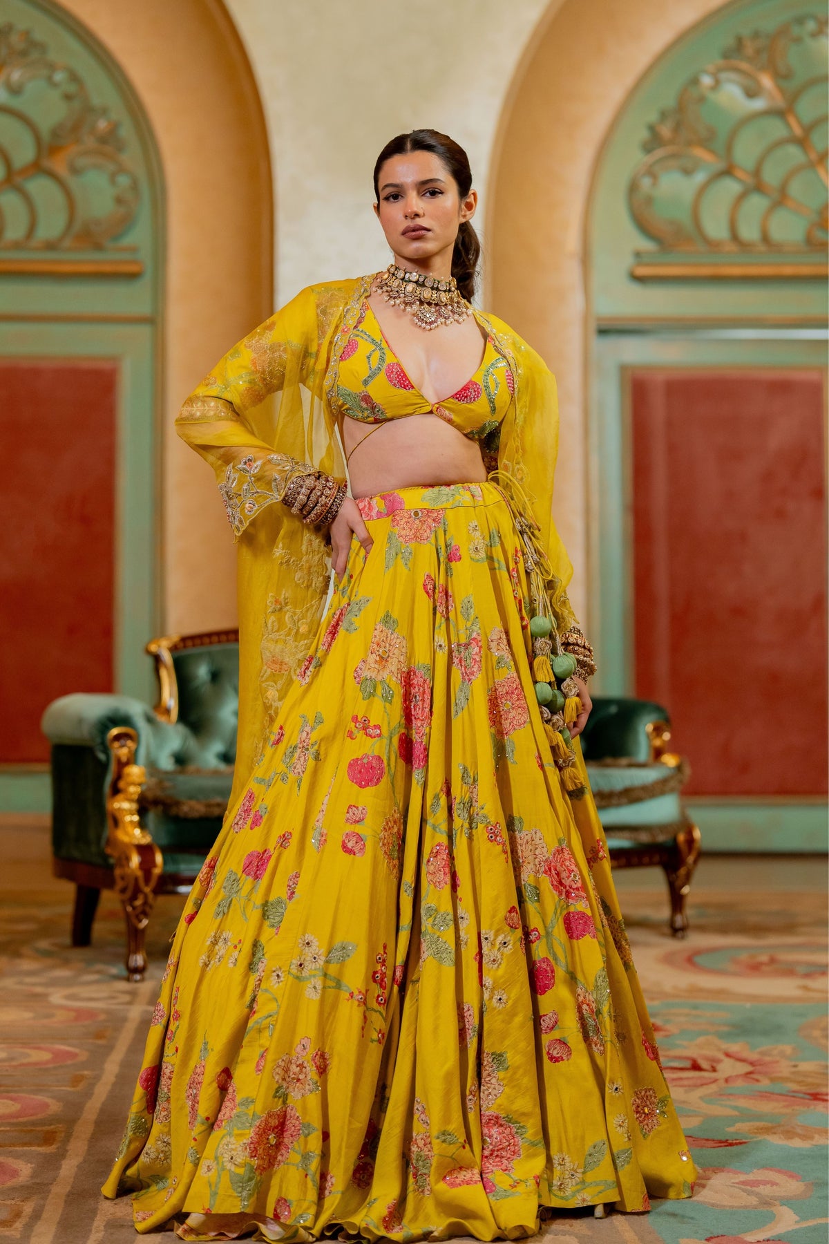 Yellow Floral Printed Lehenga Set
