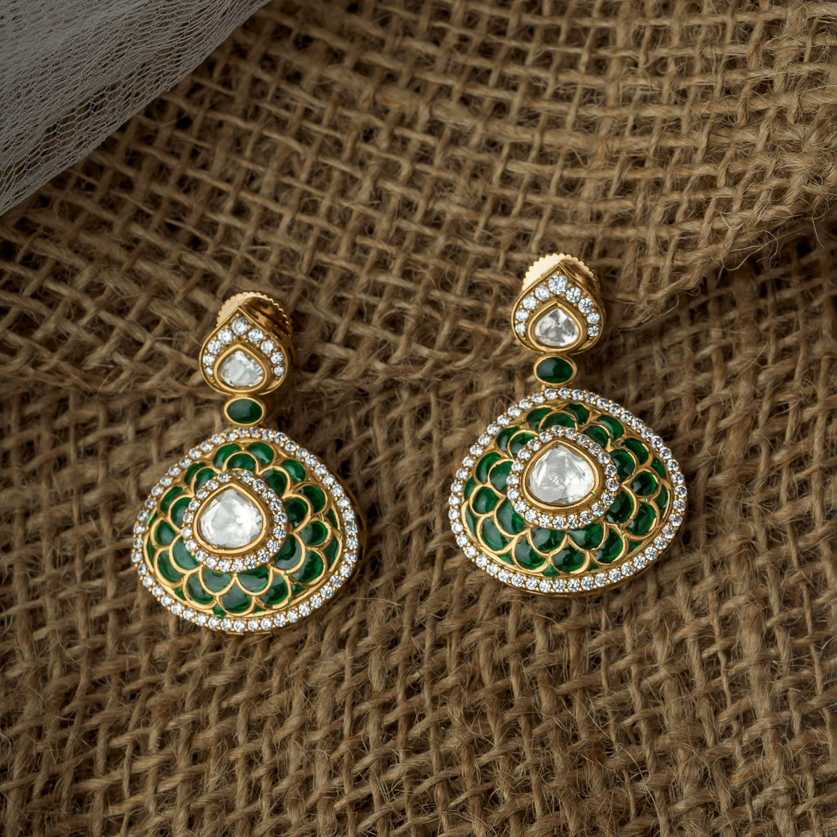 Gold Plated Green Pair of Earrings