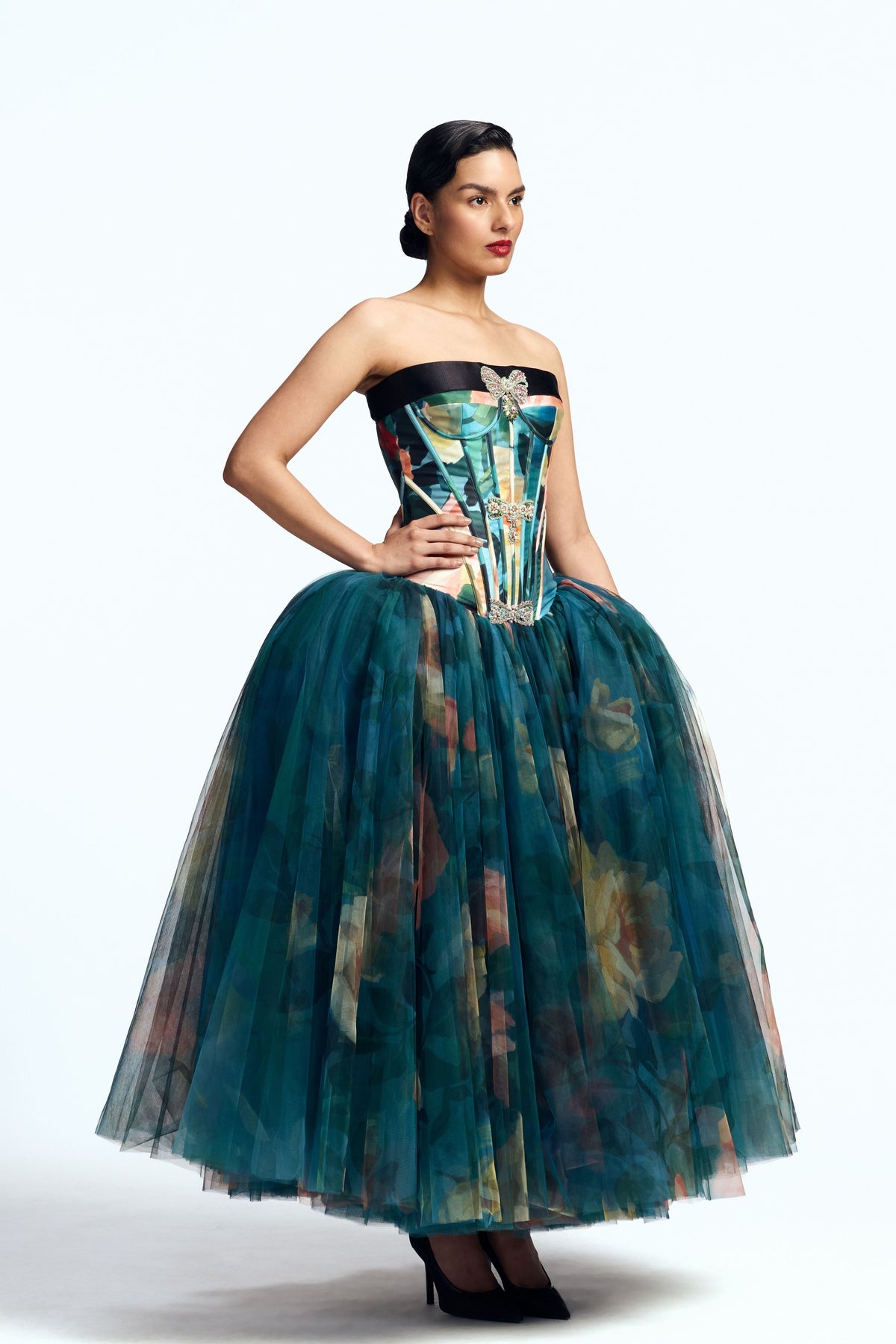 Corseted Dress With Crystal Bow