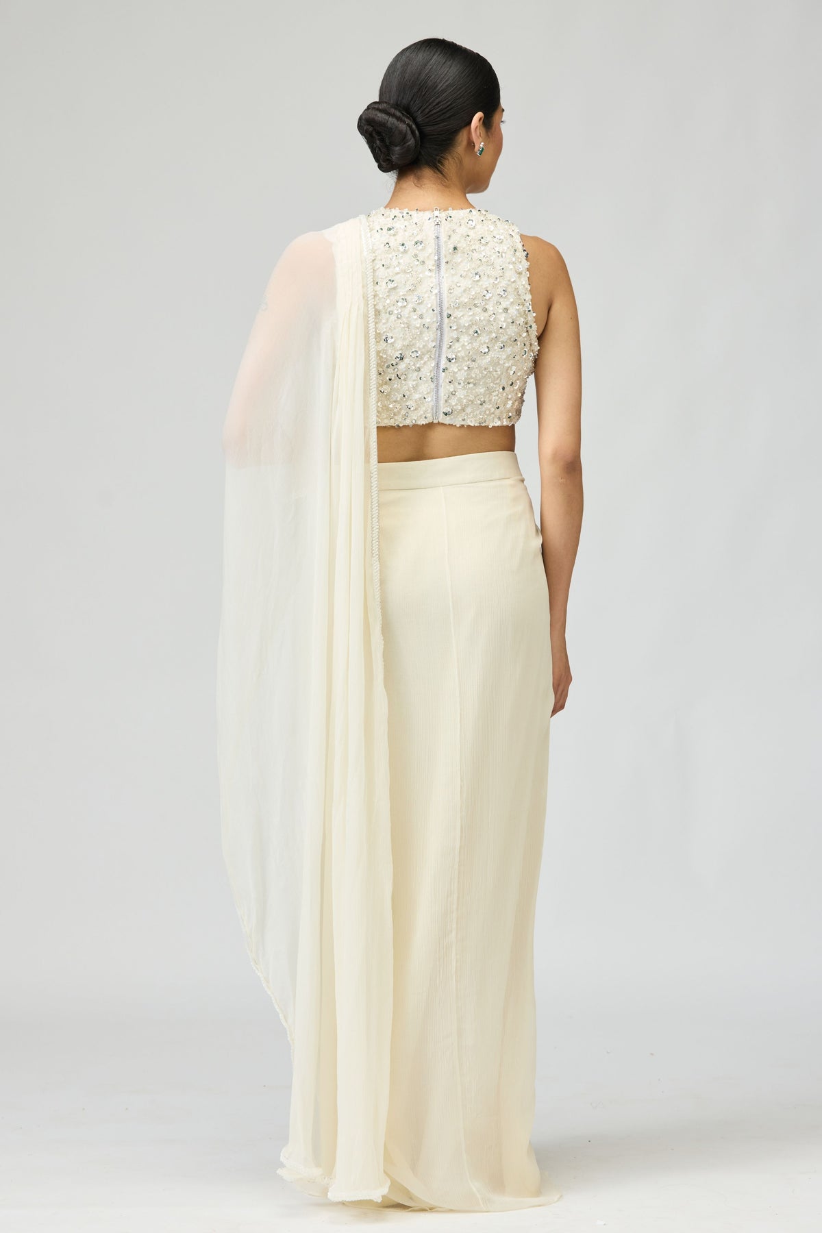 Ivory Silk Chiffon Saree Set