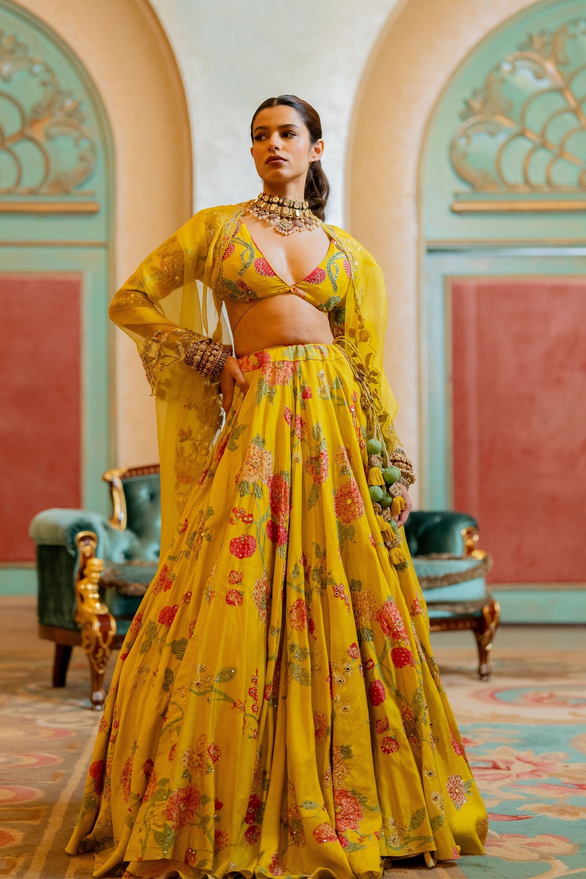 Yellow Floral Printed Lehenga Set