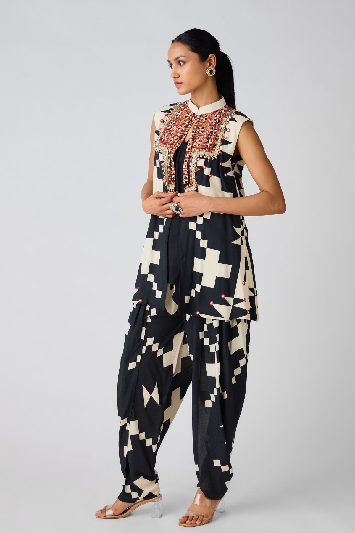 Black Abstract Print Tunic Set