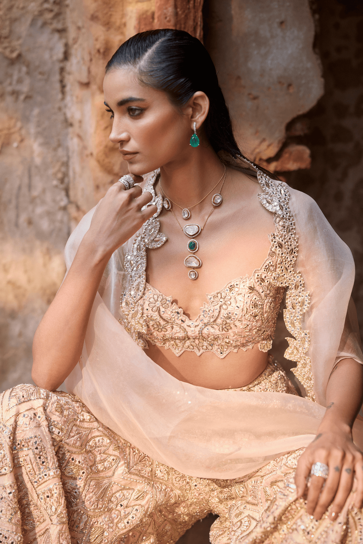 Nude Peach Rawsilk High Waist Sharara and Cape Set