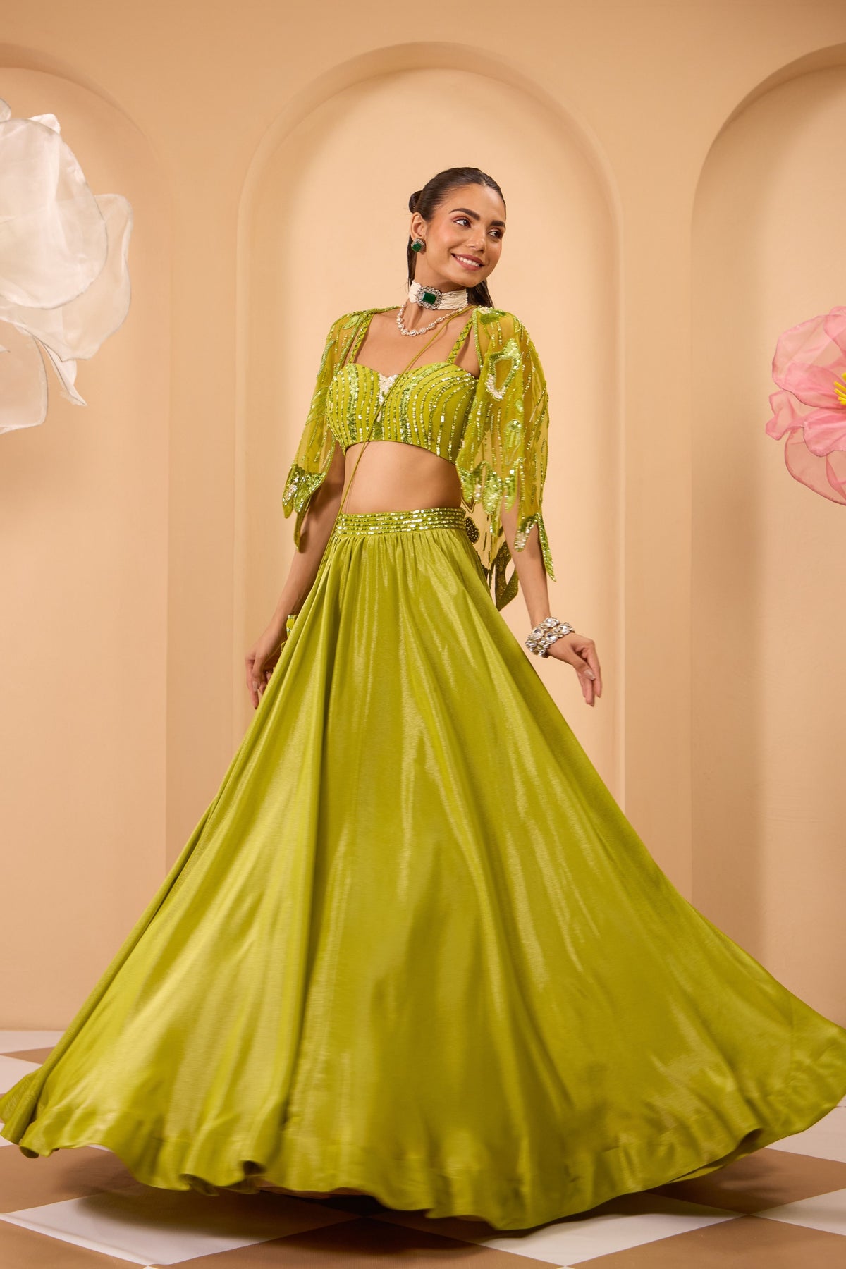 Green Hand Embroidered Lehenga Set