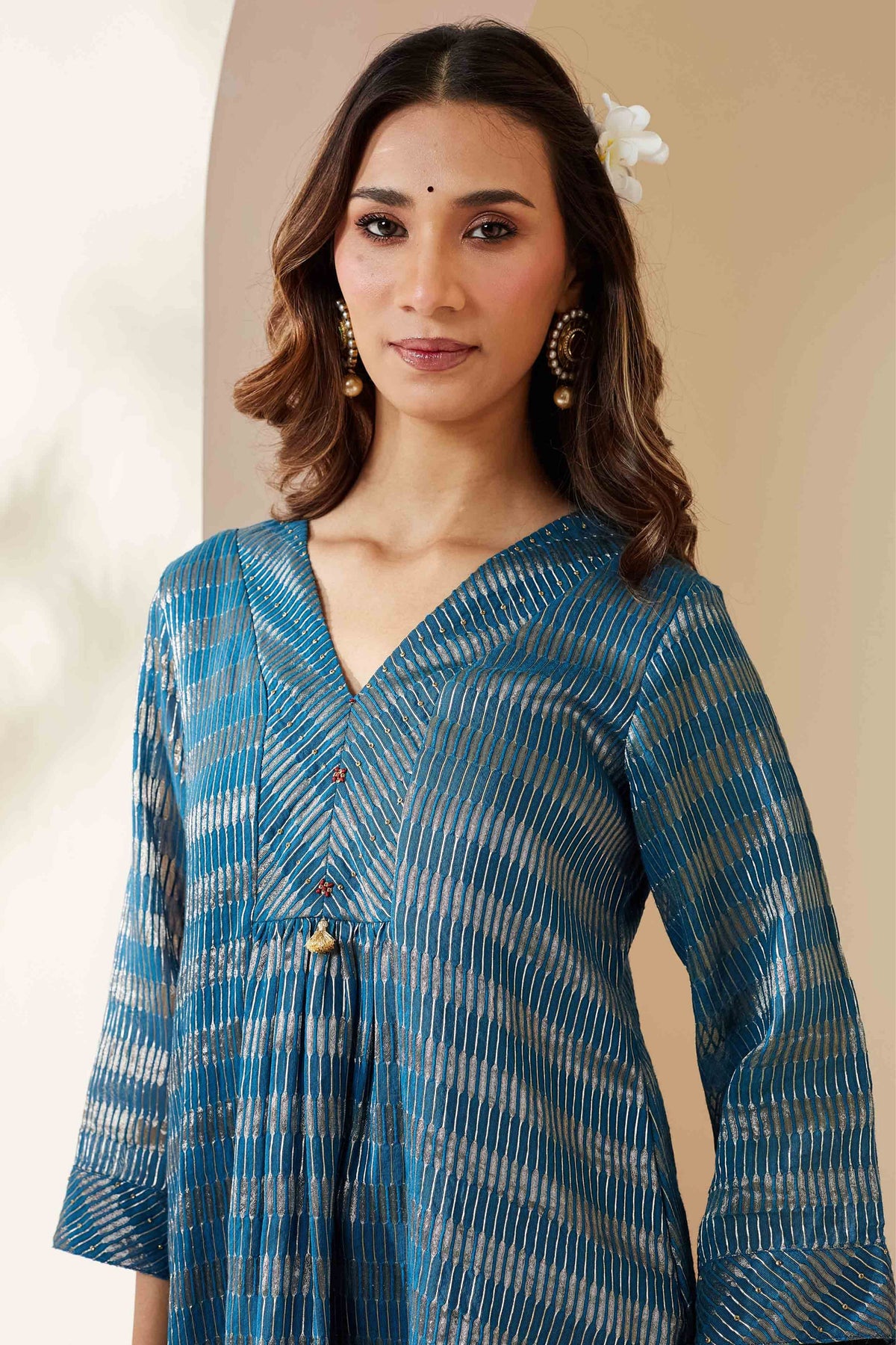 Blue Zari Stripe Kurta Set