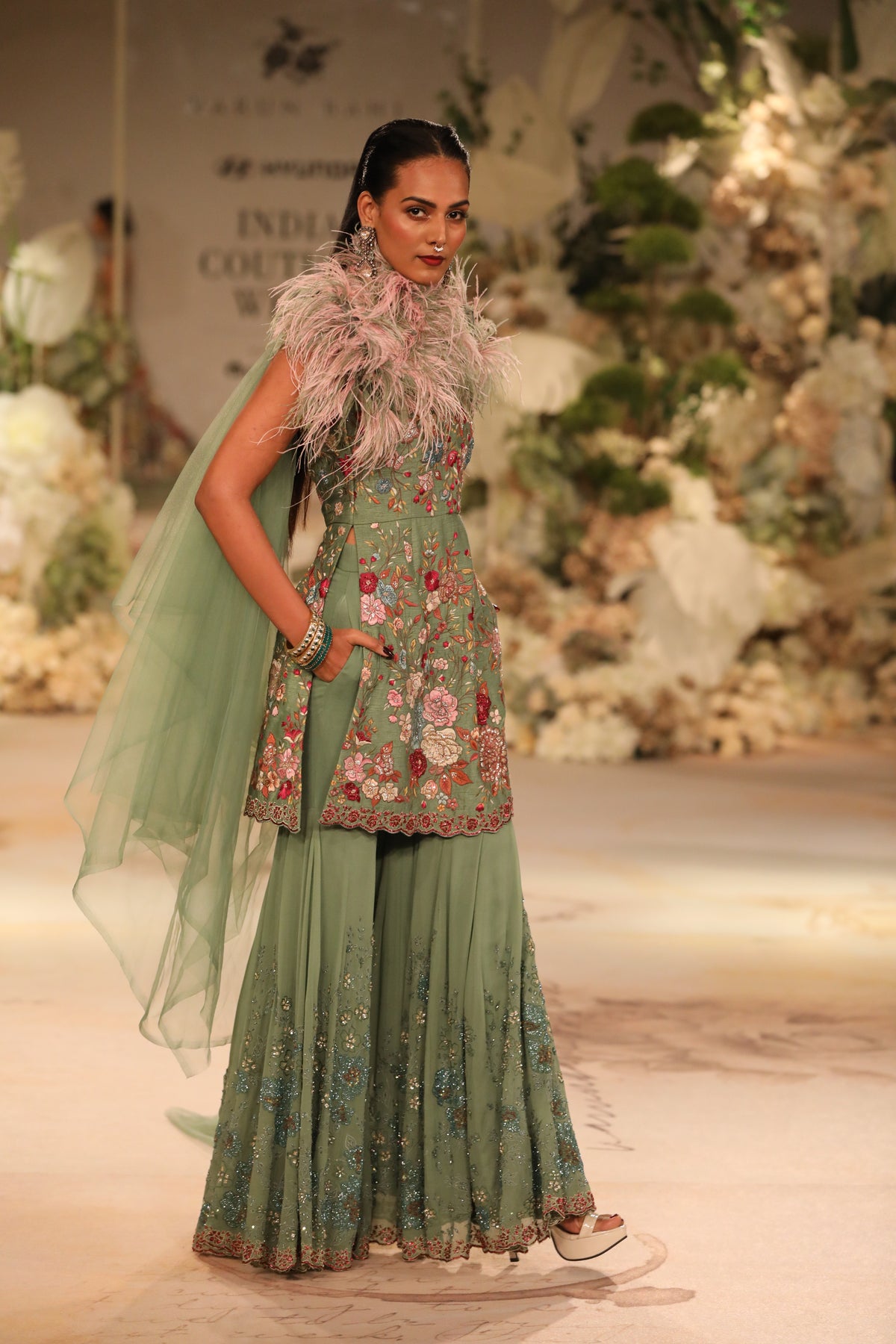 Moss Green Embroidered Sharara Set