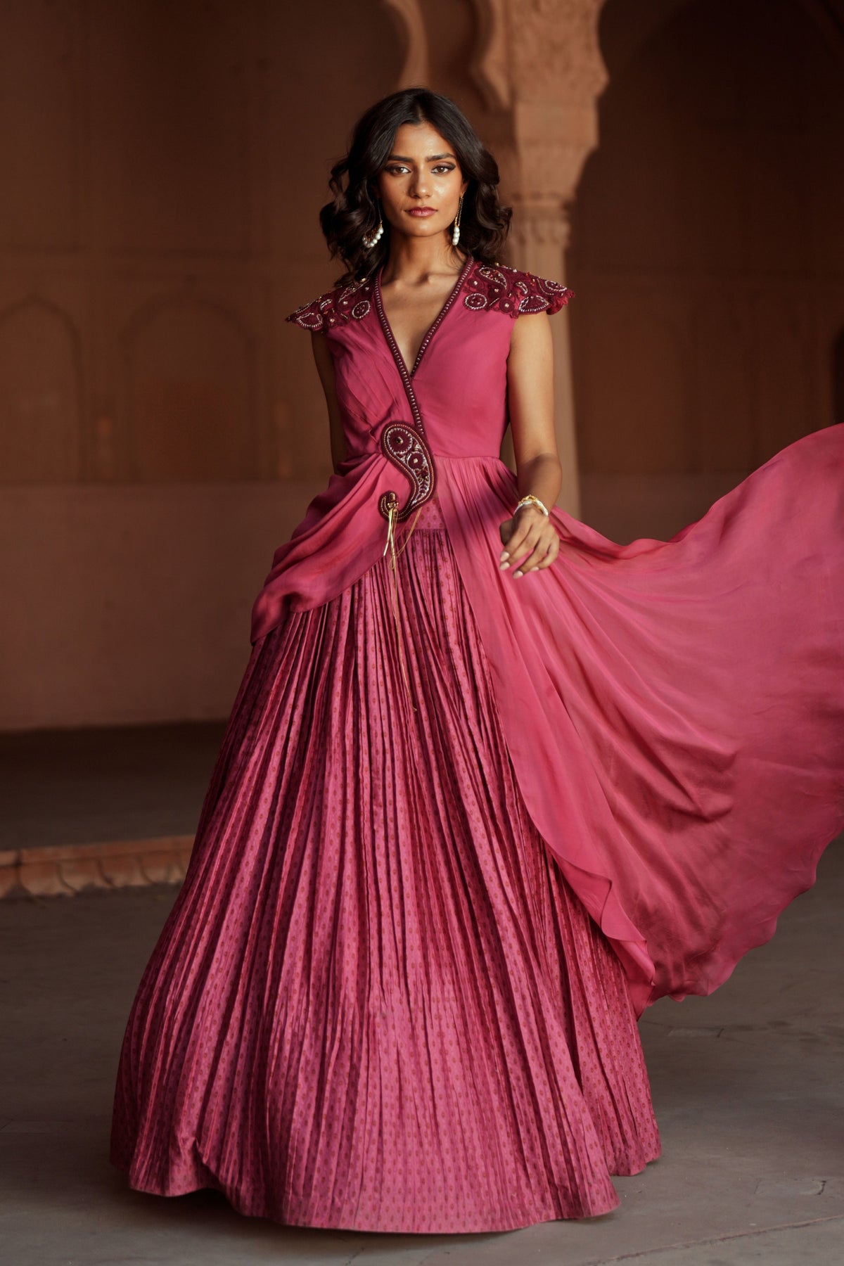 Mulberry Pink Printed Silk Lehenga Set