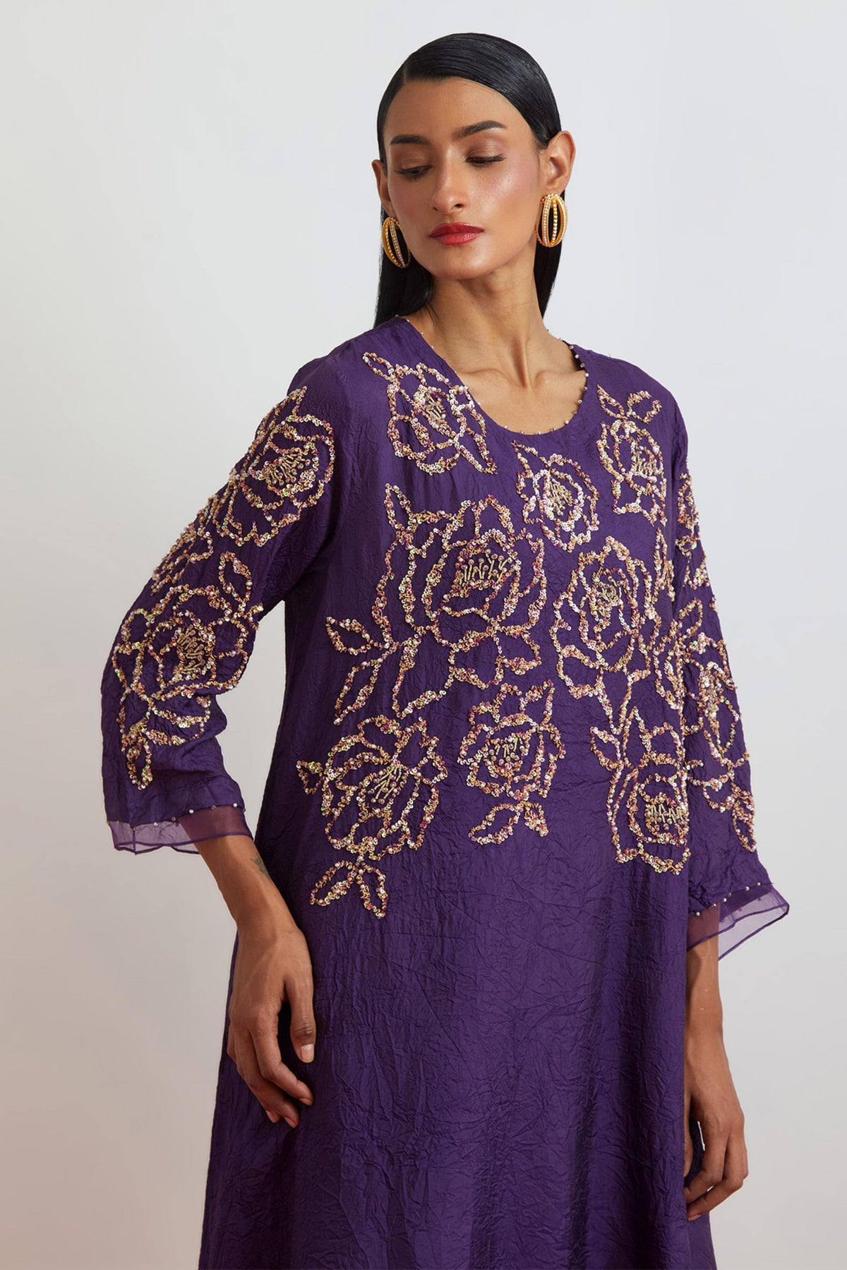 Violet Floral Encrusted Kurta Set