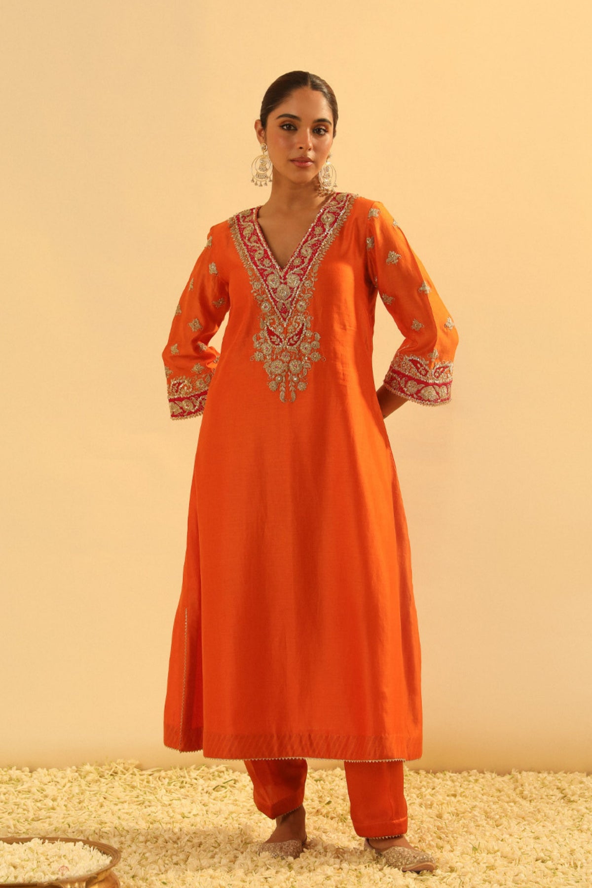 Alima Orange Long A-line Choga With Salwar