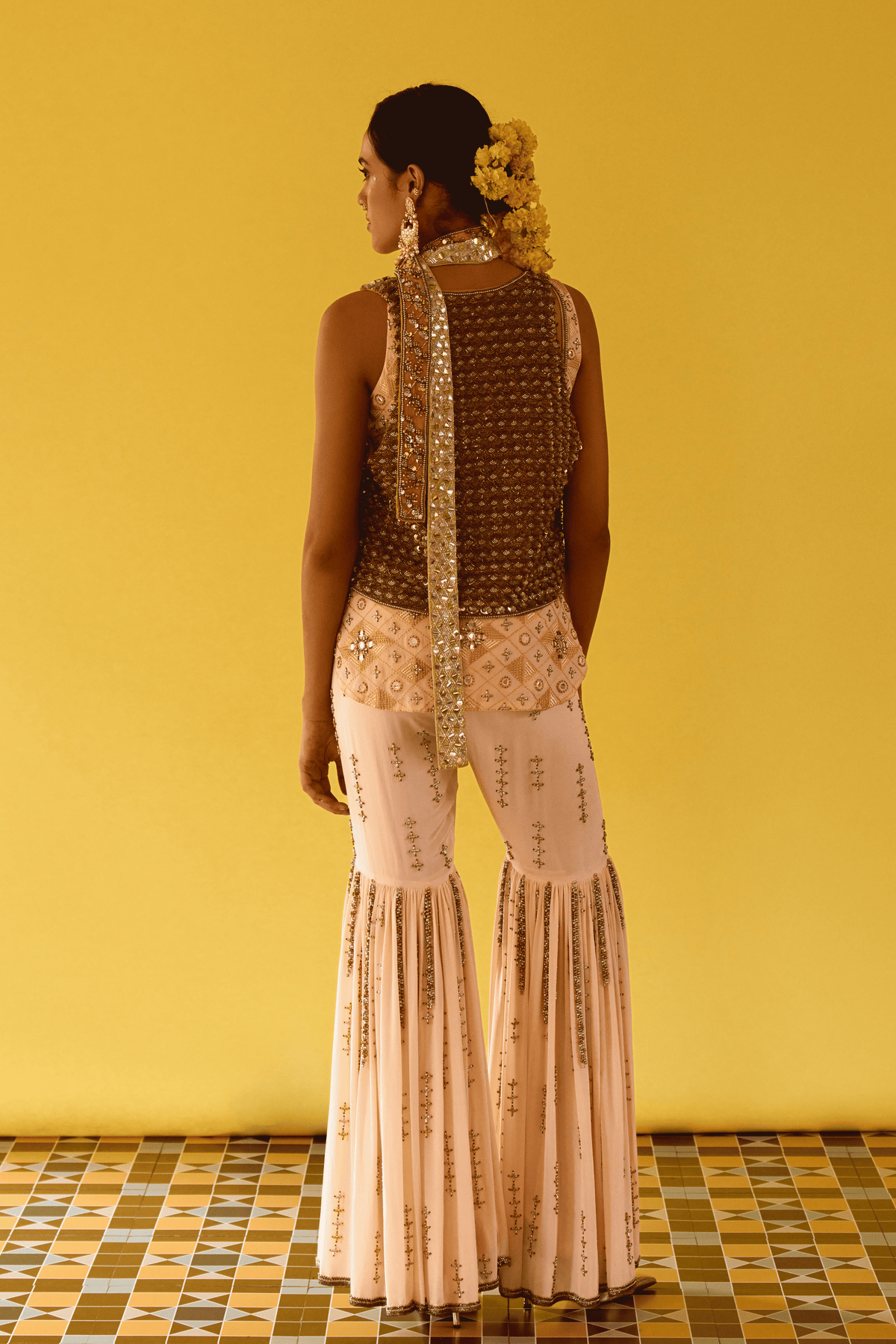 Mustard Sequin Waistcoat With Gharara