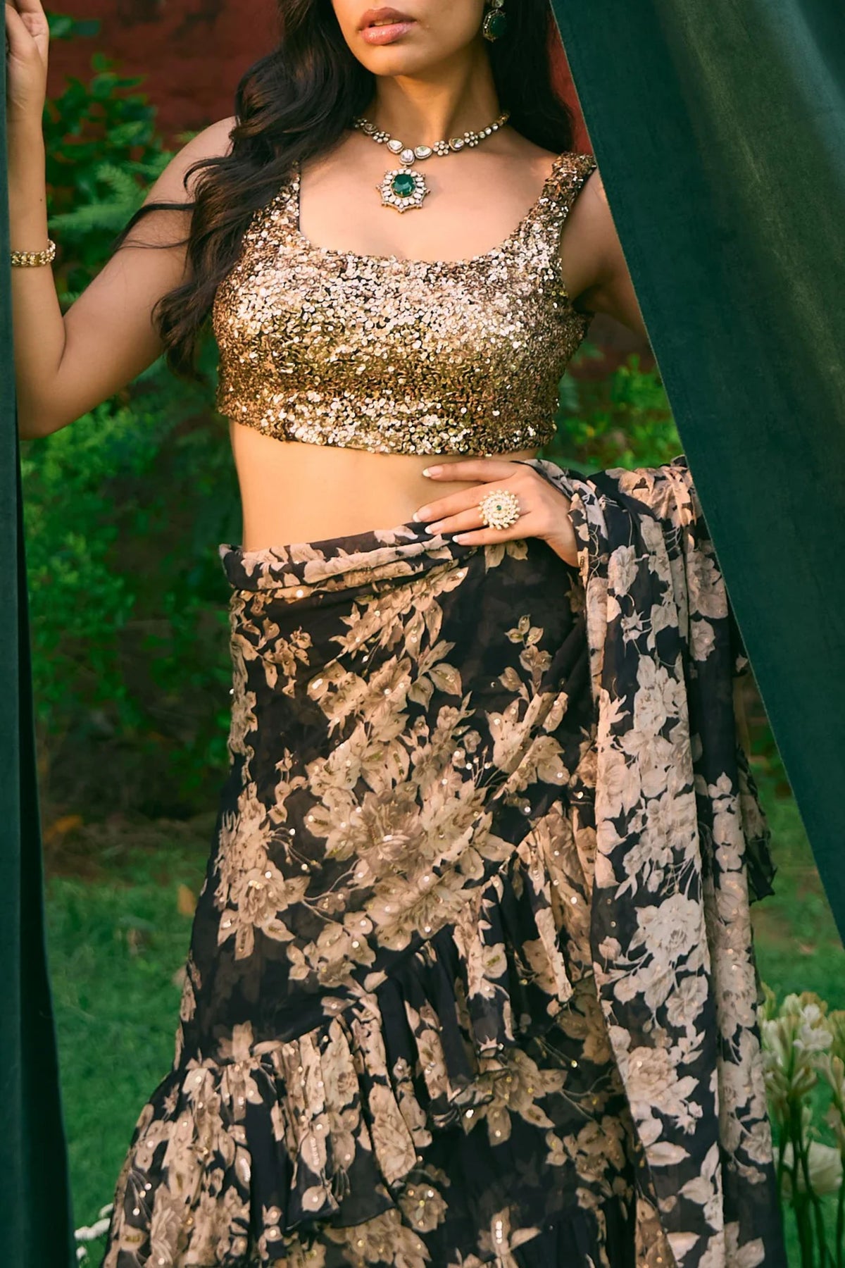 Black Chiffon Floral Frill Saree