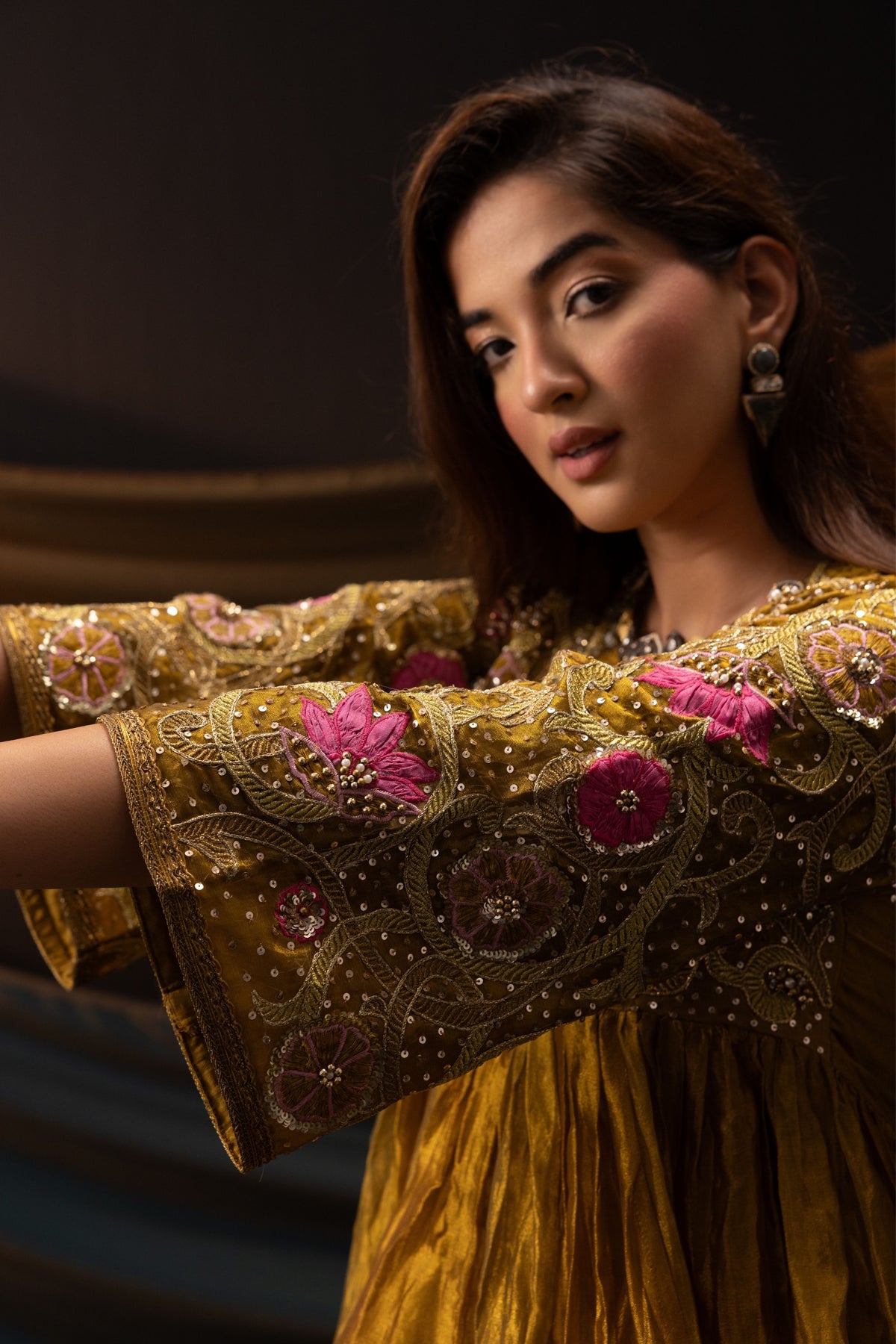 Gold Floral Motif Short Anarkali Set