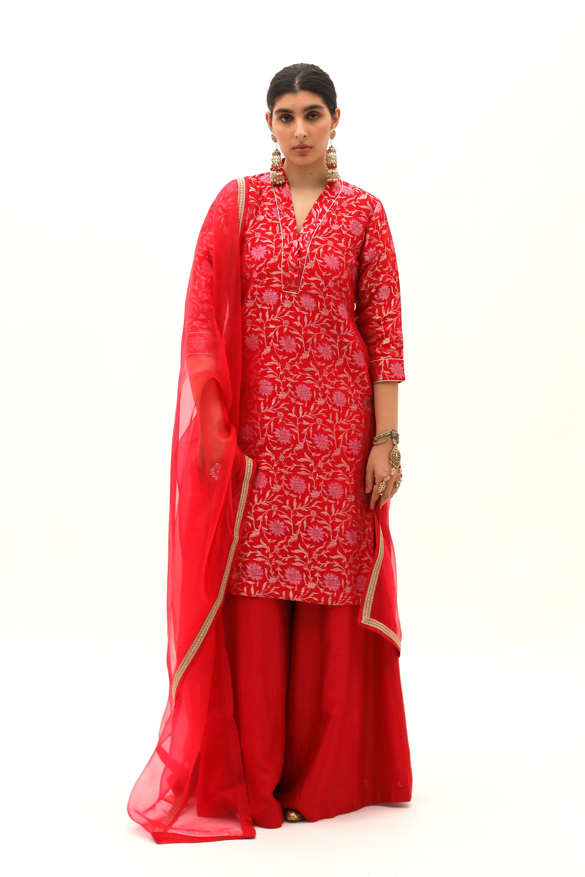 Red Benarasi Jaal Kurta Palazzo set