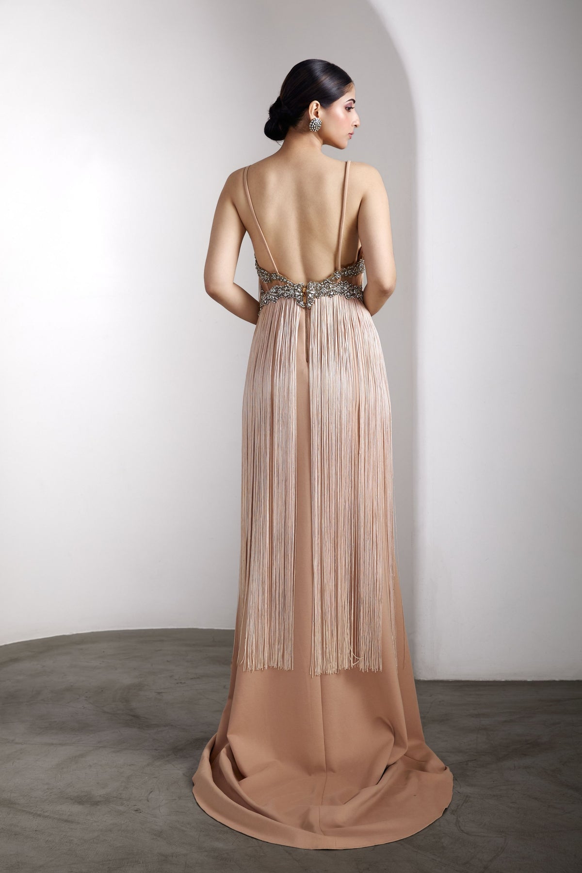 Nude Fringe Embellished Gown