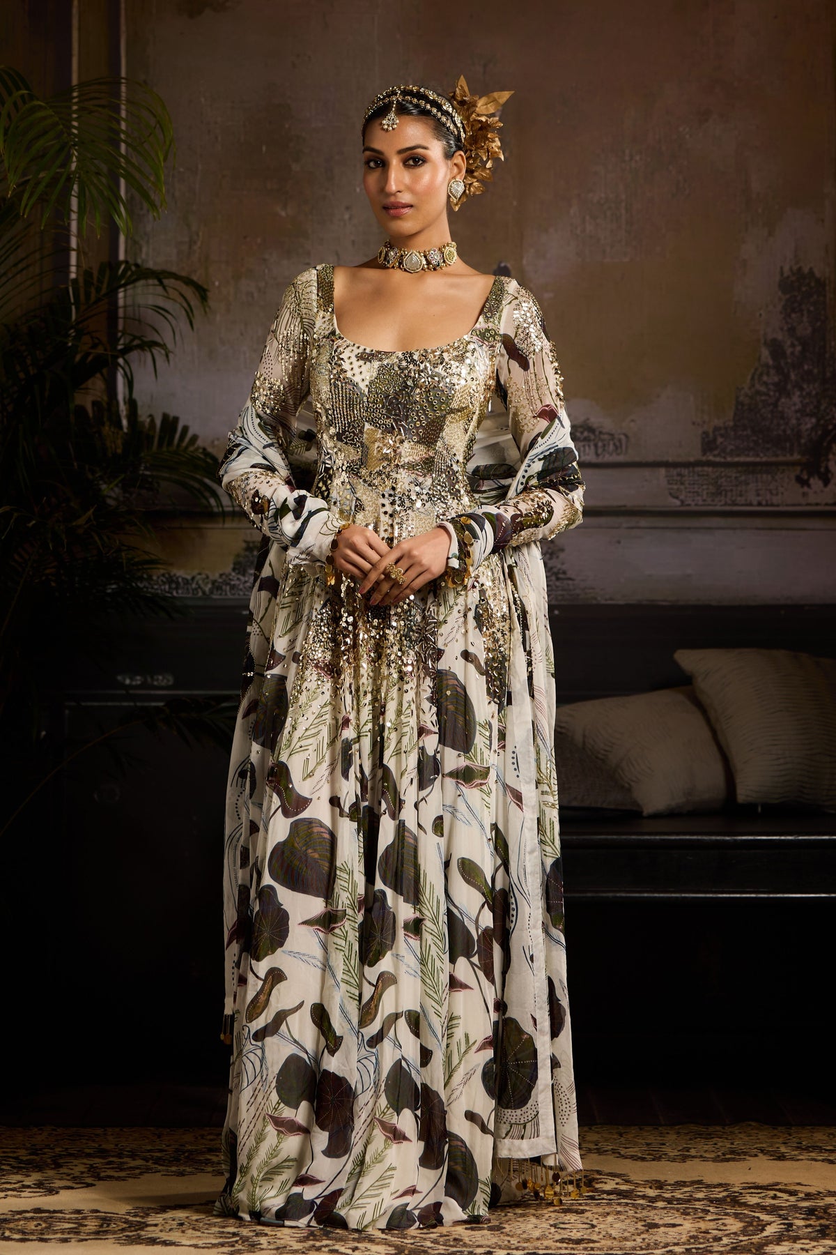 White and Green Anarkali Set