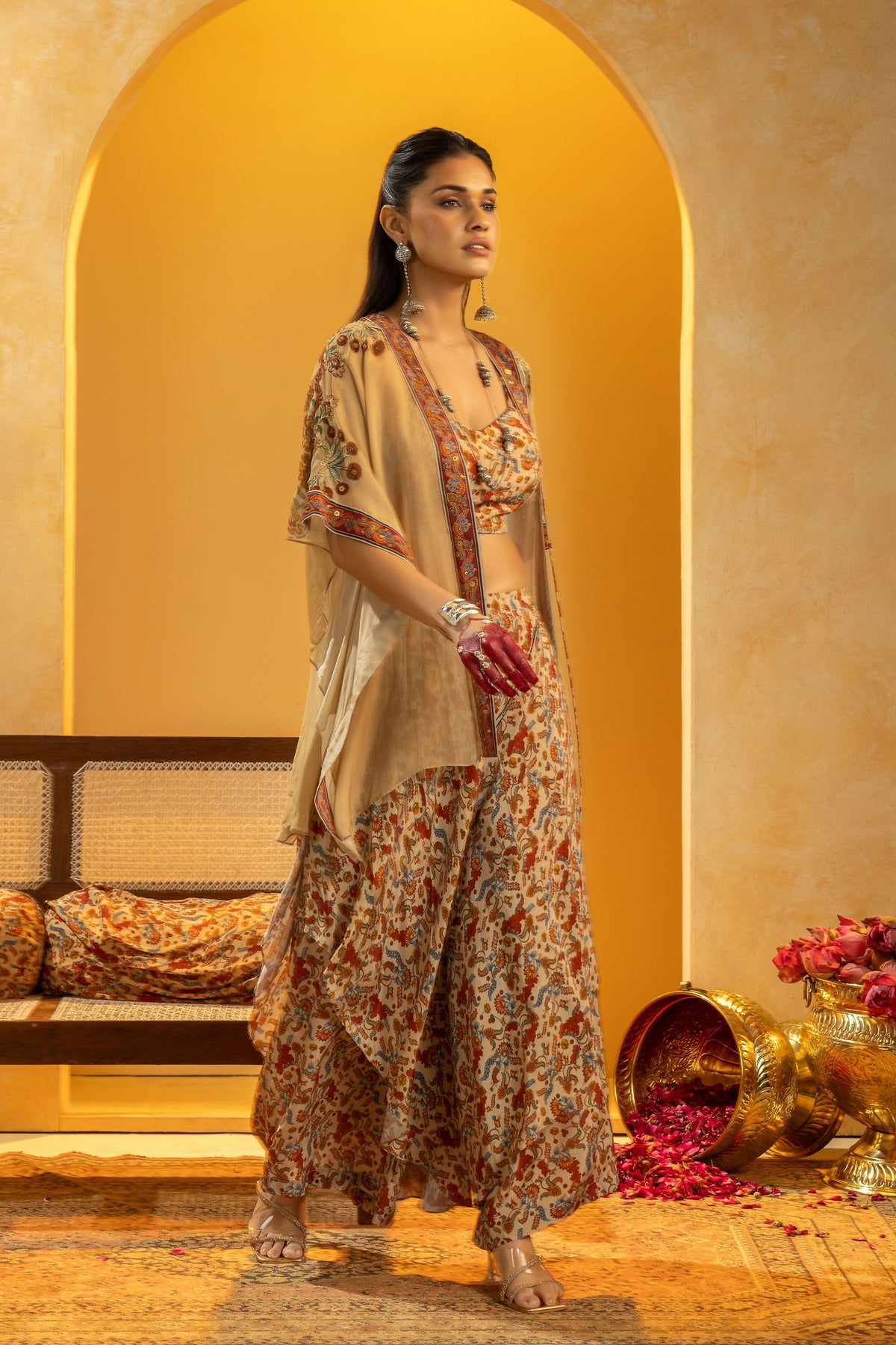 Beige Embellished Cape Set
