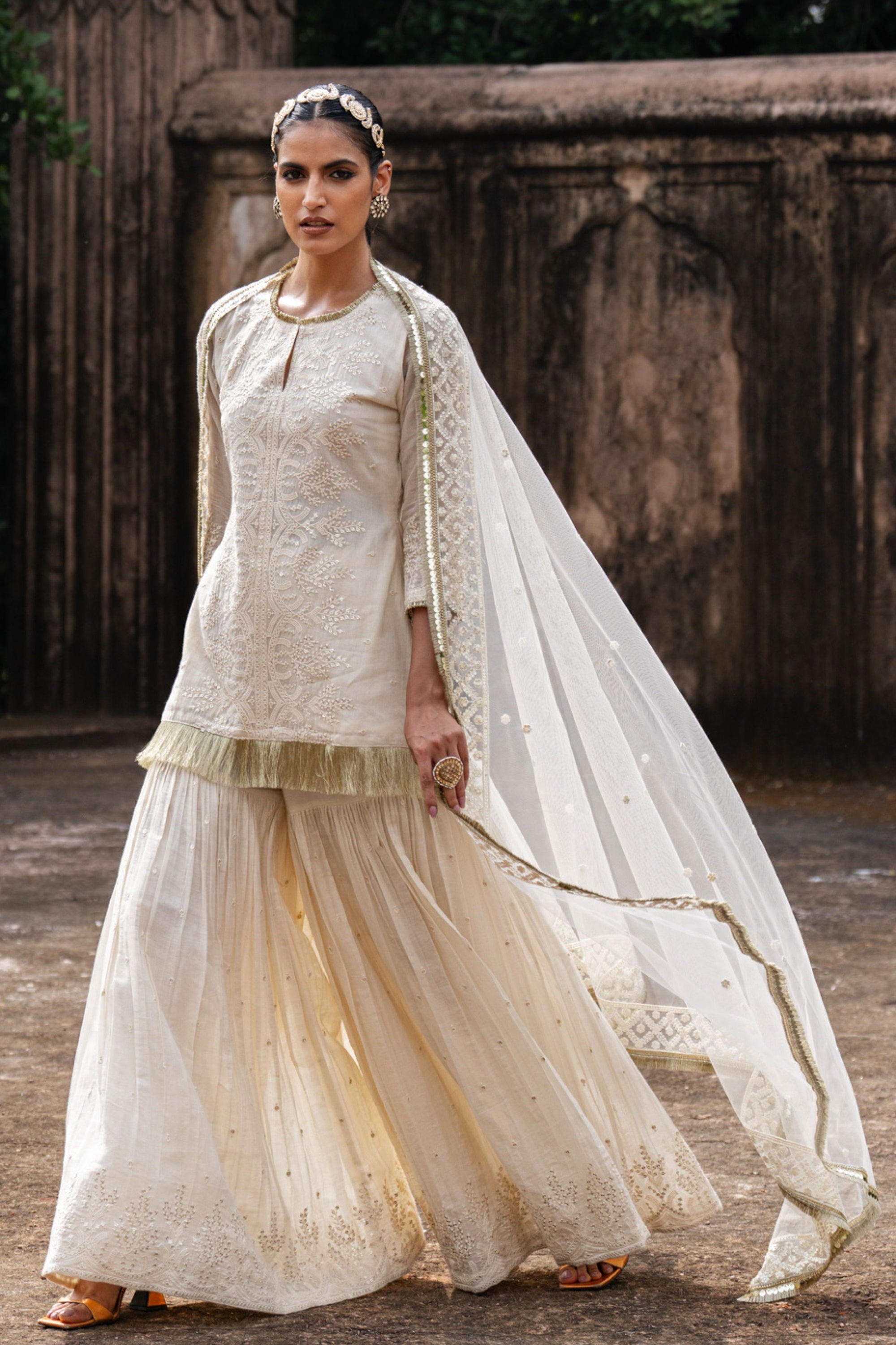Preevin - Off White Gold Forest Sharara Set