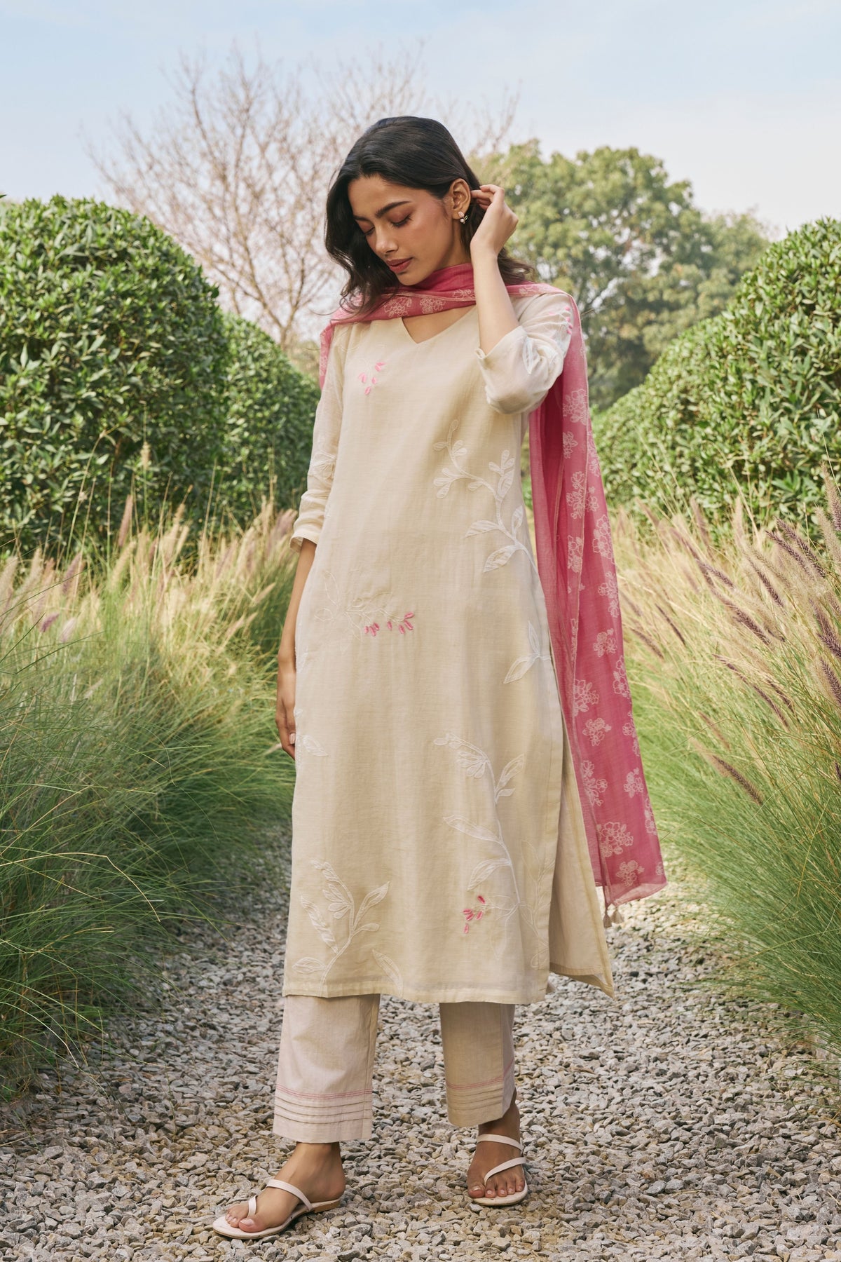 Ecru Floral Kurta Set