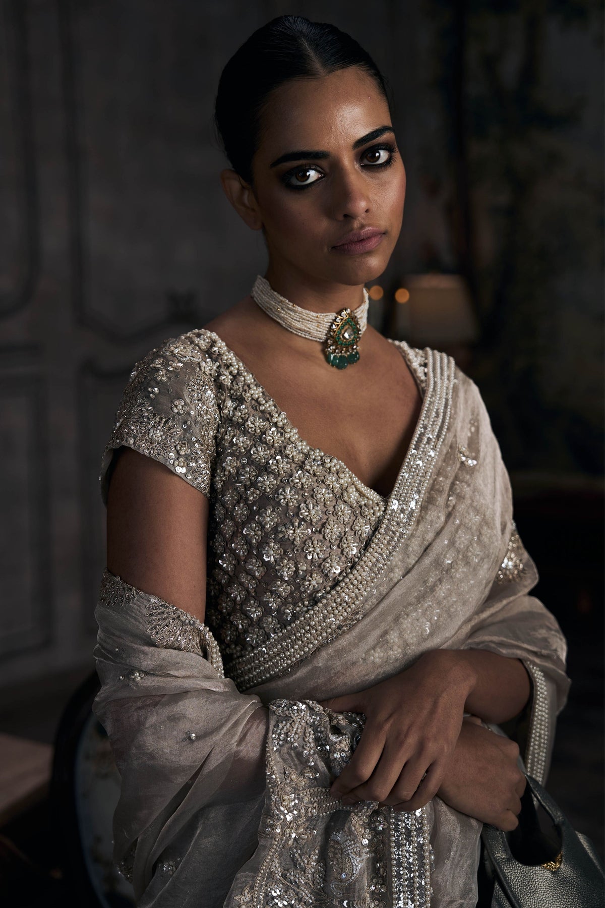 Silver Dandelion Tissue Saree Set