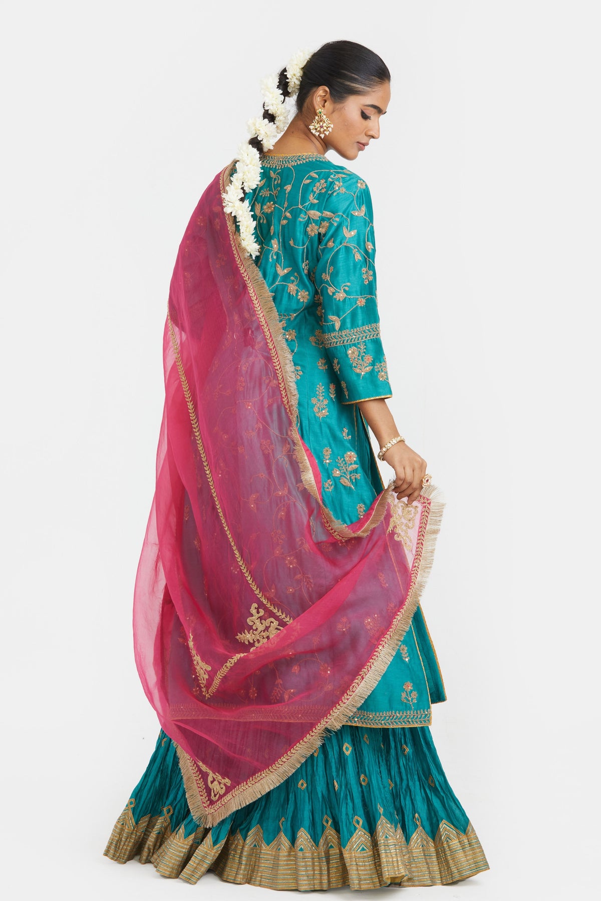Teal Silk Chanderi Lehenga Set