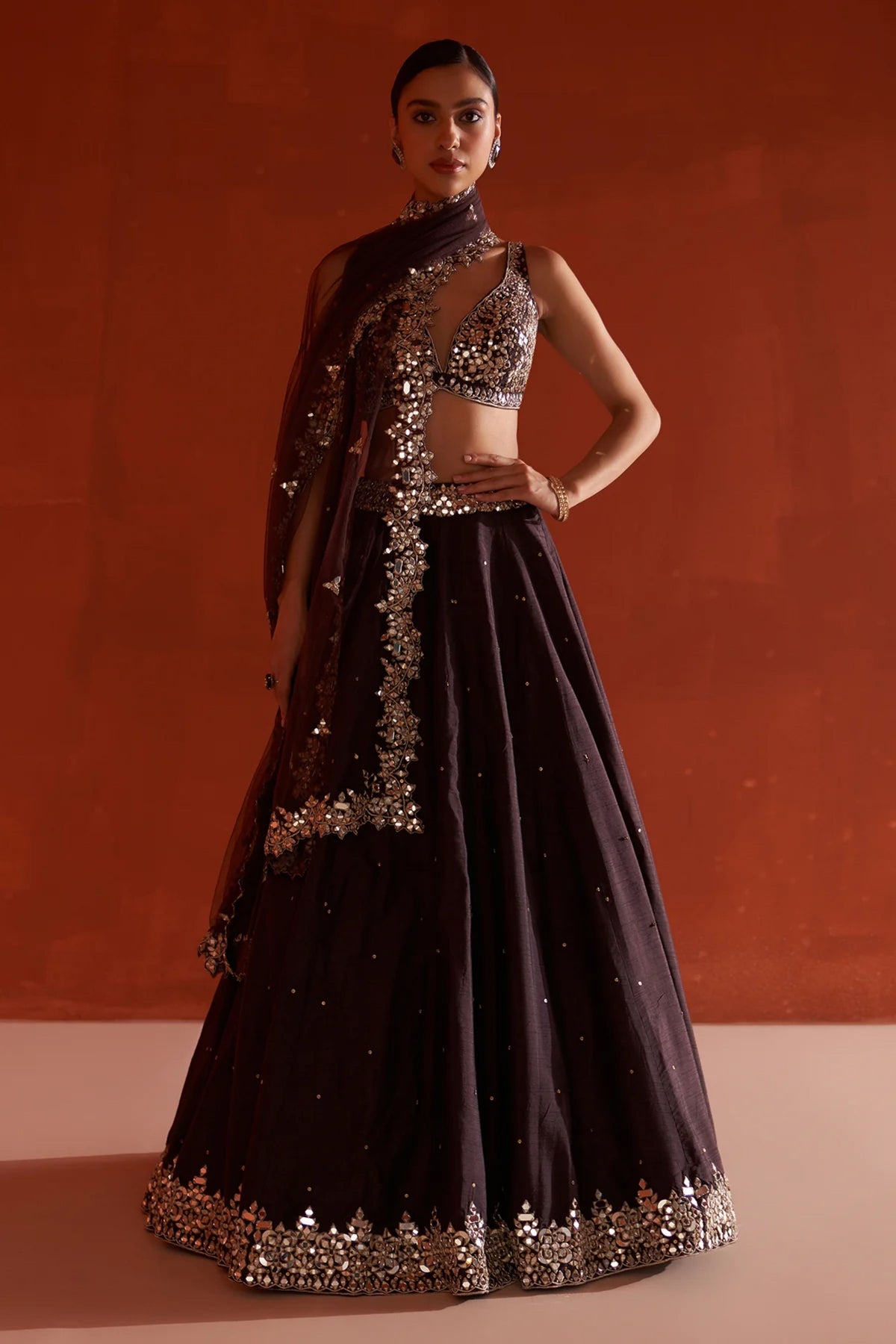 Coffee Raw Silk Lehenga Set