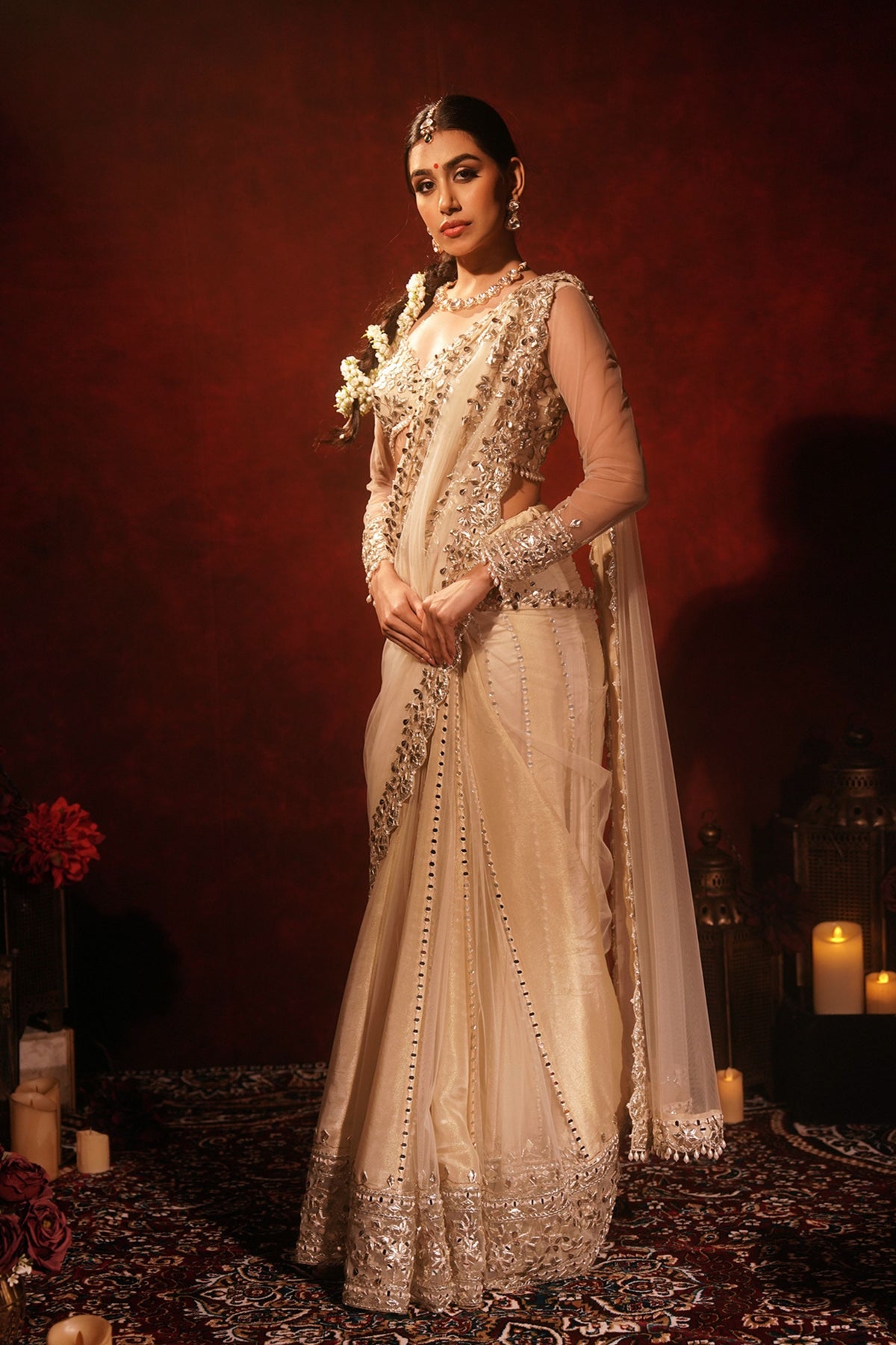 Ivory Gota Kali Draped Saree Set