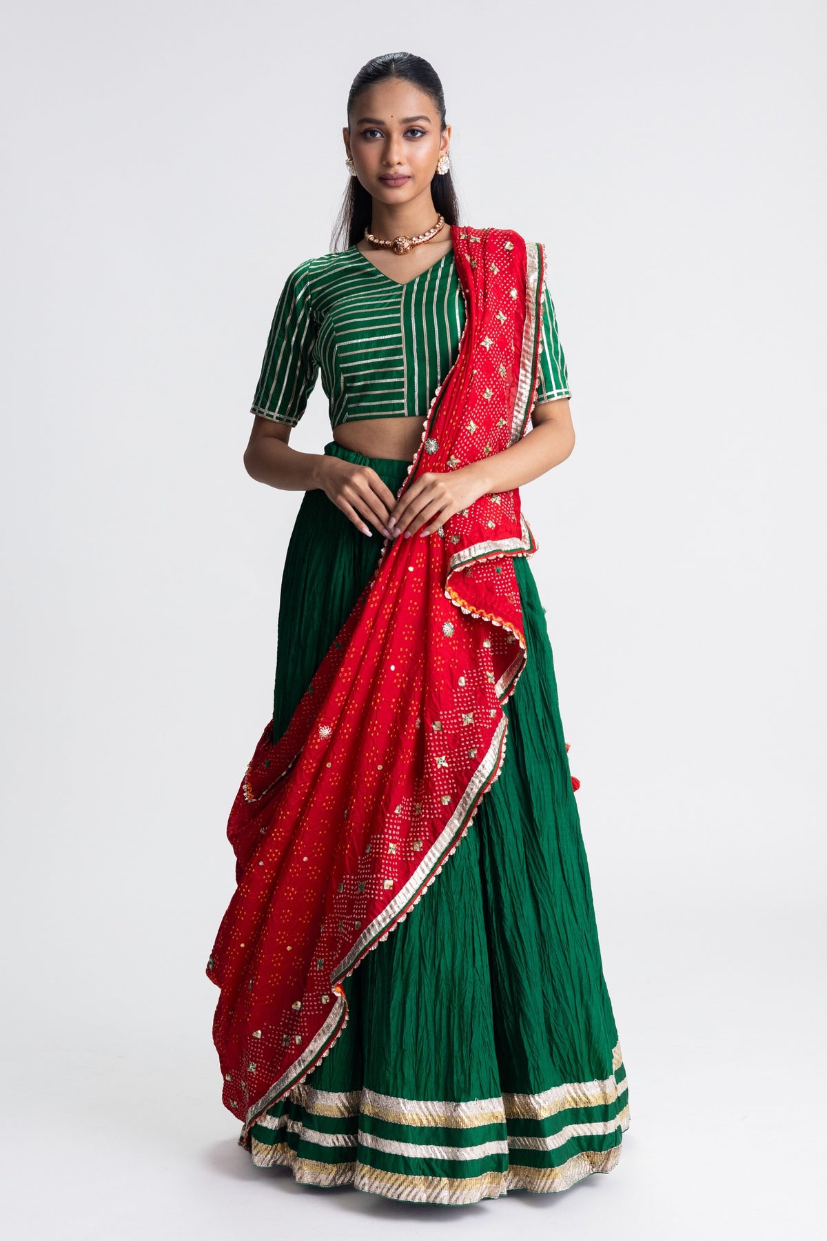 Green Crushed Silk Lehenga