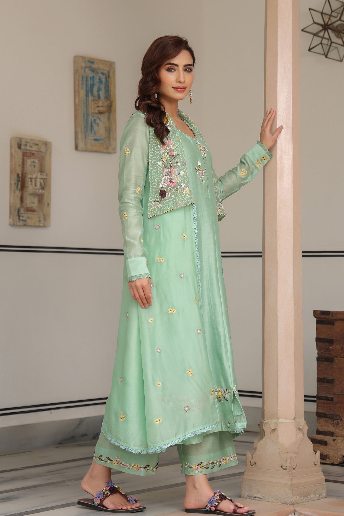 Gulzar Green Jacket Set