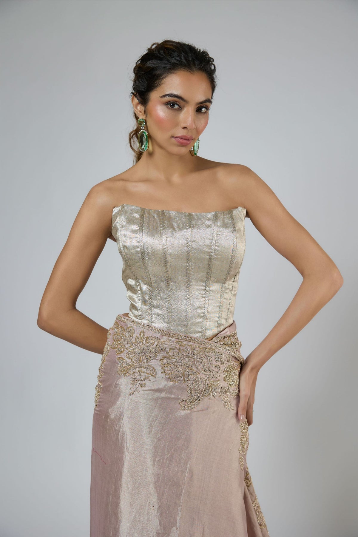 Pink Silver Draped Saree Set