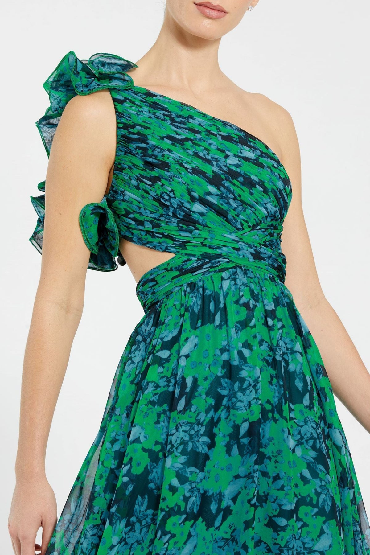 Green One Shoulder Ruffle Gown
