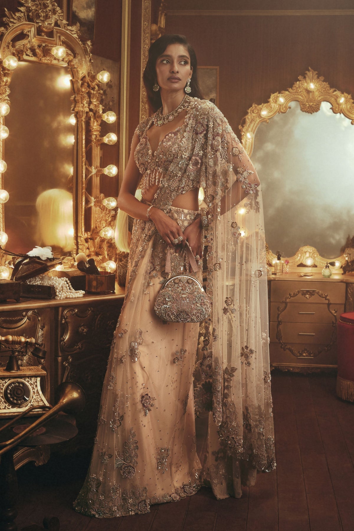 Evelyn Beige Draped Saree Set