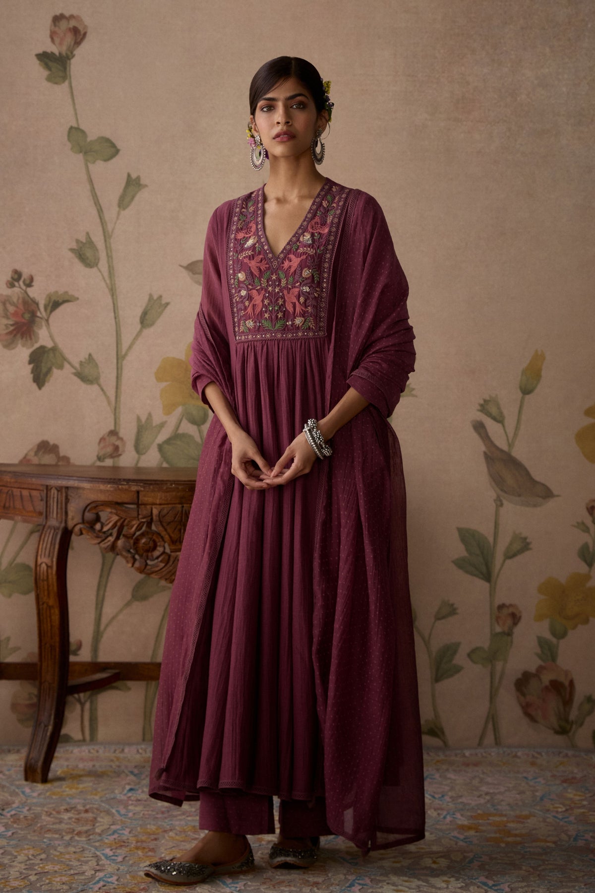 Wine Embroidered A-line Kurta Set