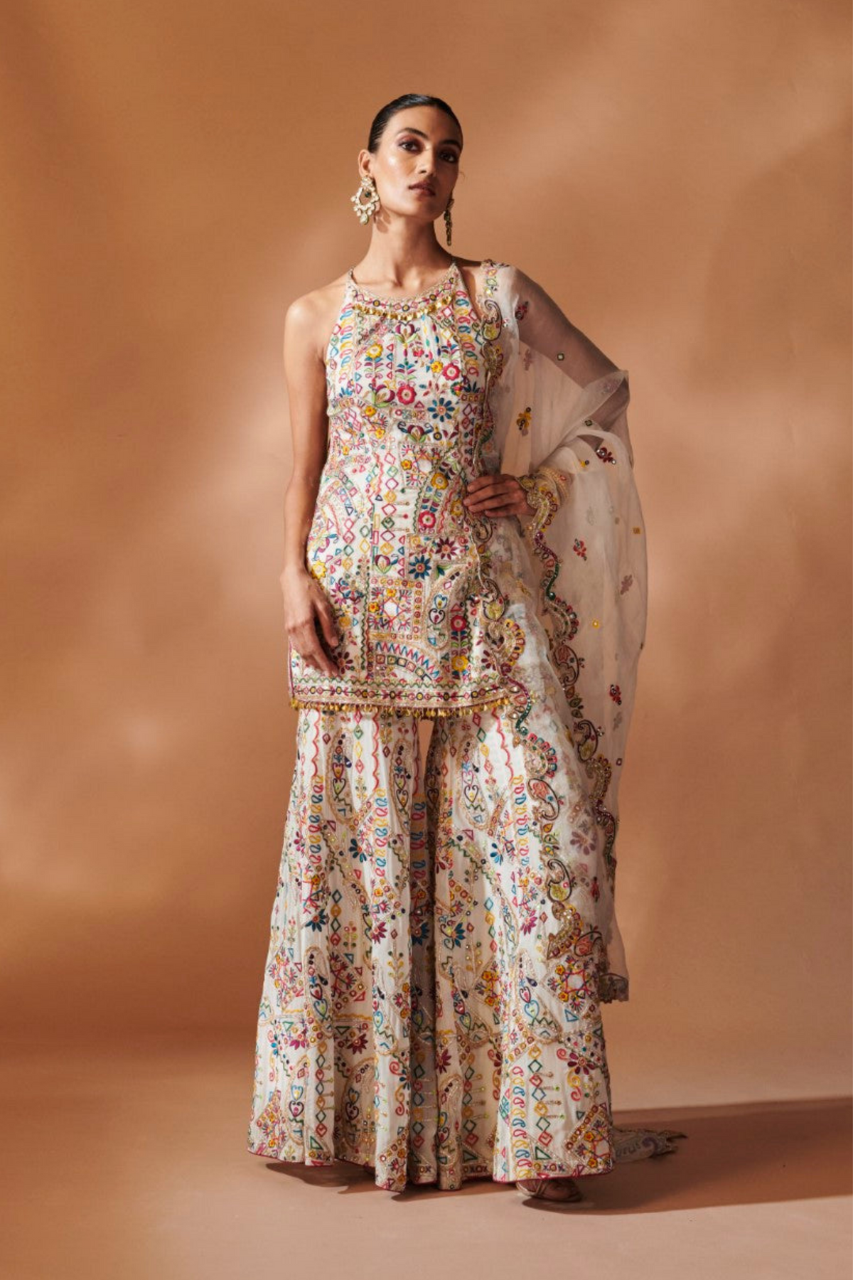 Ivory Sharara And Halter Kurta Set