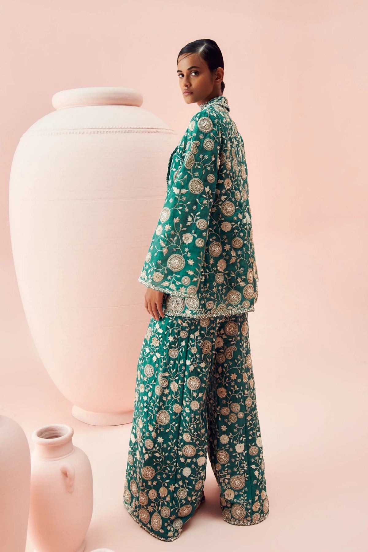 Teal Green Jacket And Pants Set