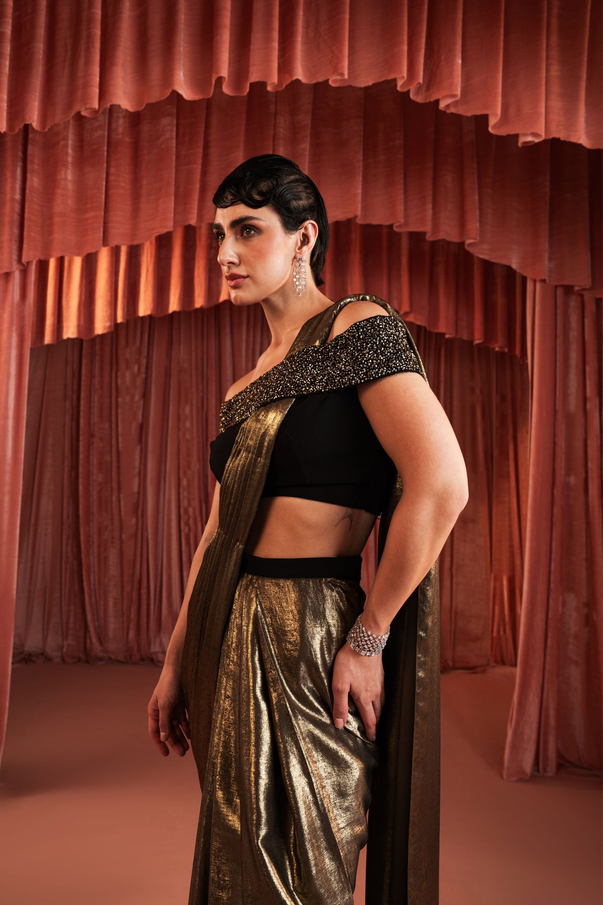 Black Beaded Pre-Draped Pant Saree Set