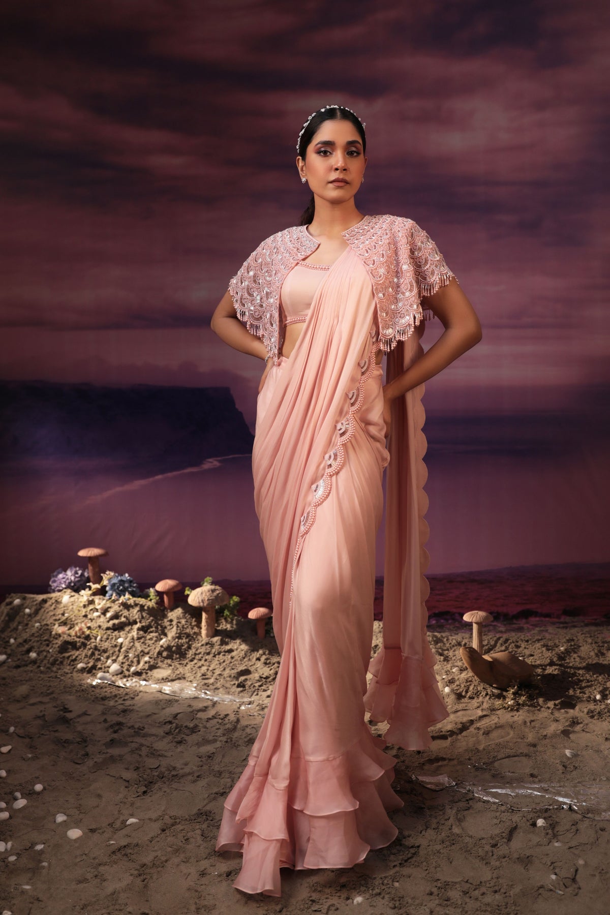 Peach Scalloped Moti Work Saree Set