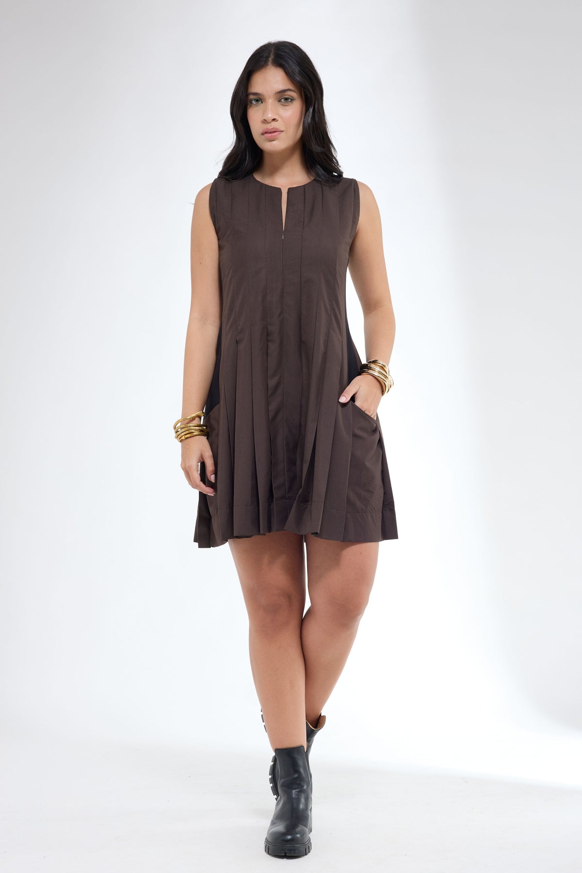 Brown Short Pleated Tennis Dress