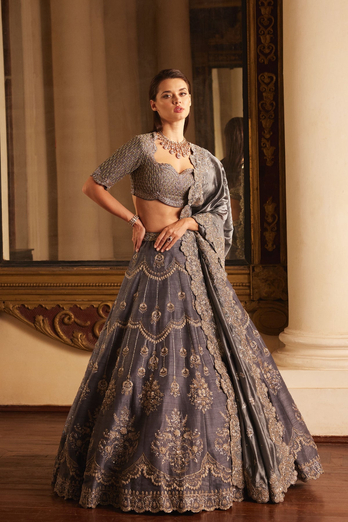 Teal Grey Embroidered Lehenga Set