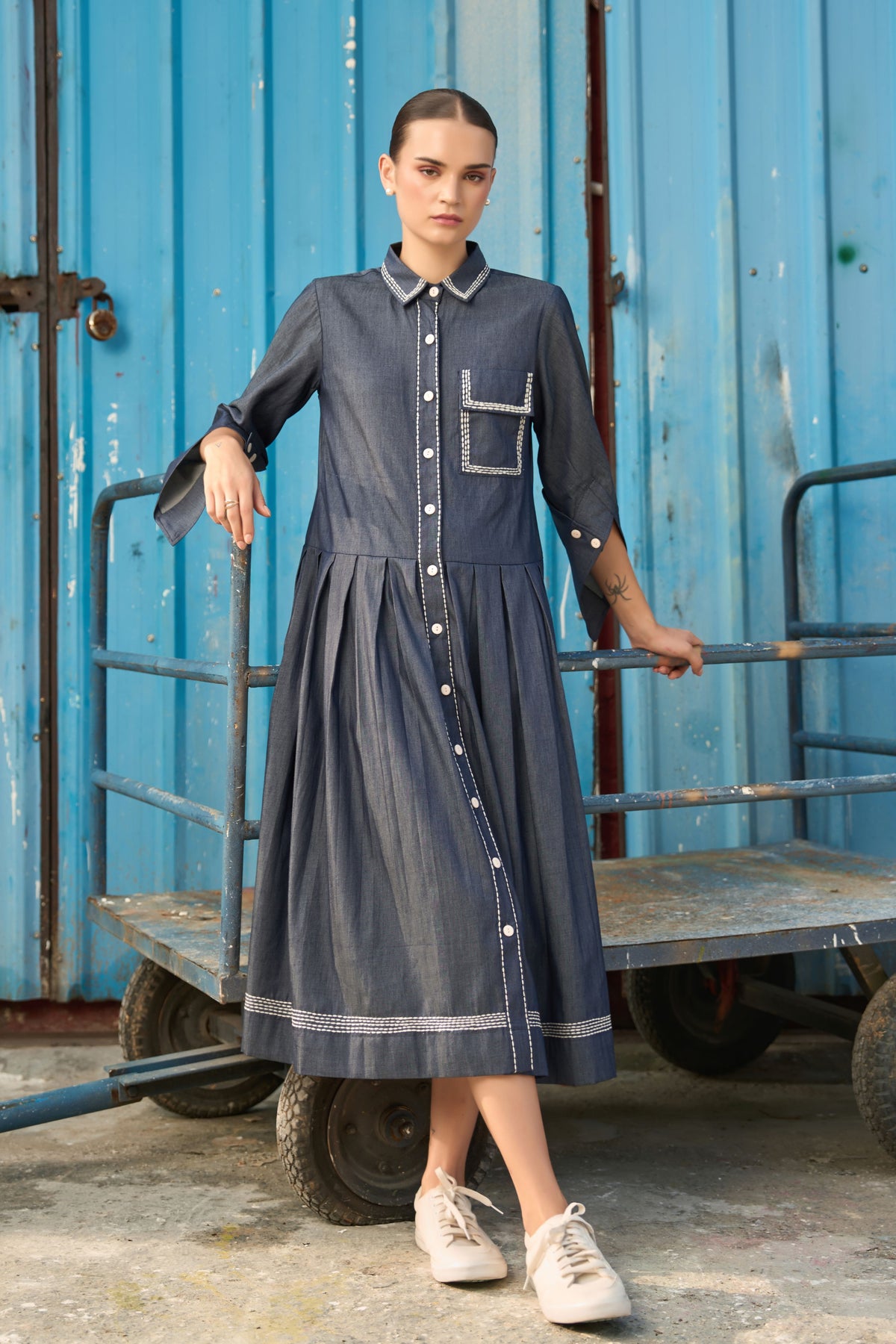 Blue Button Down Midi Dress