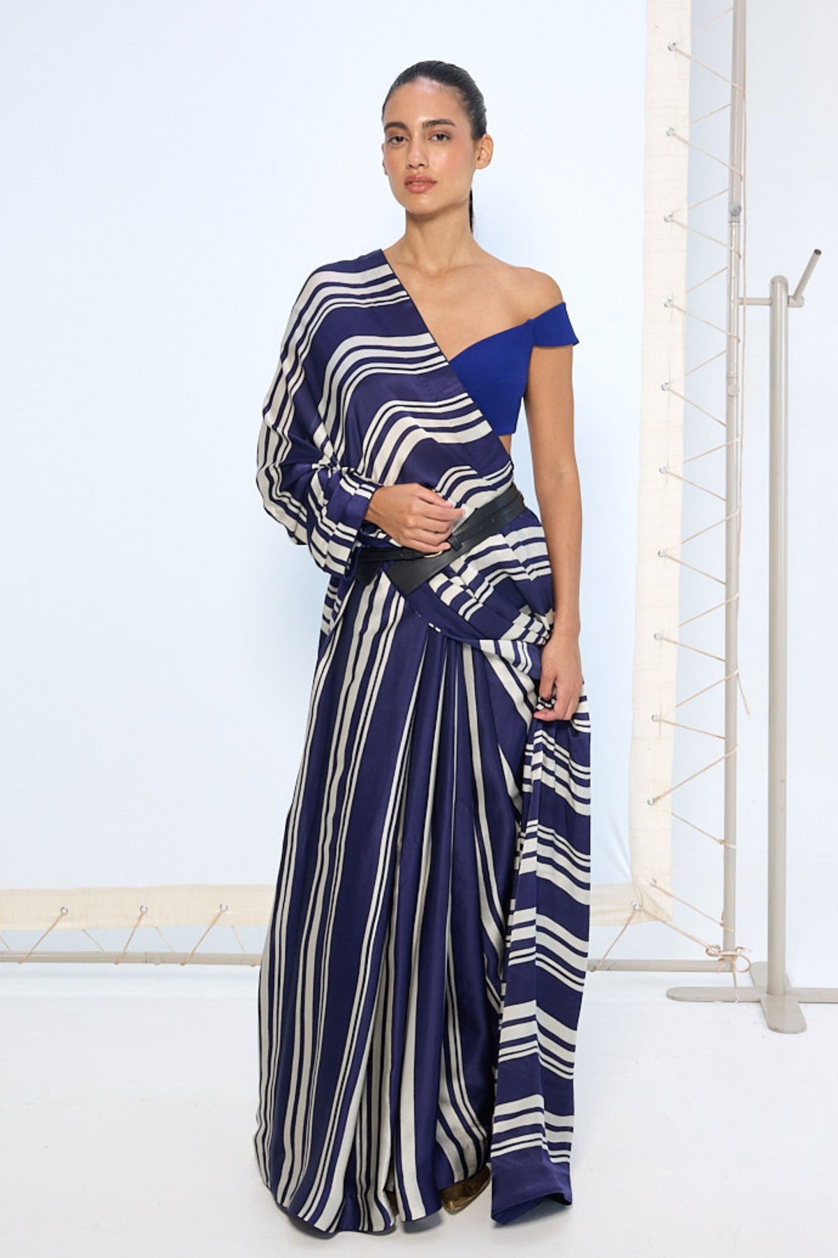 Navy Striped Printed Saree