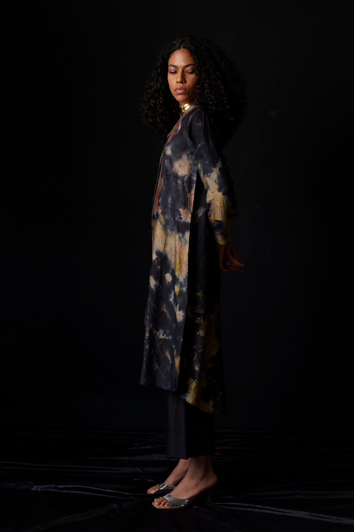 Black Tie-Dye Silk Shirt Set