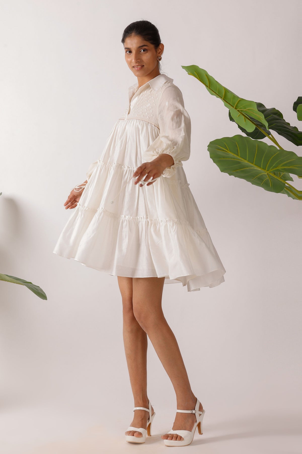 Jaamdani Embroidered Balloon Sleeves Dress
