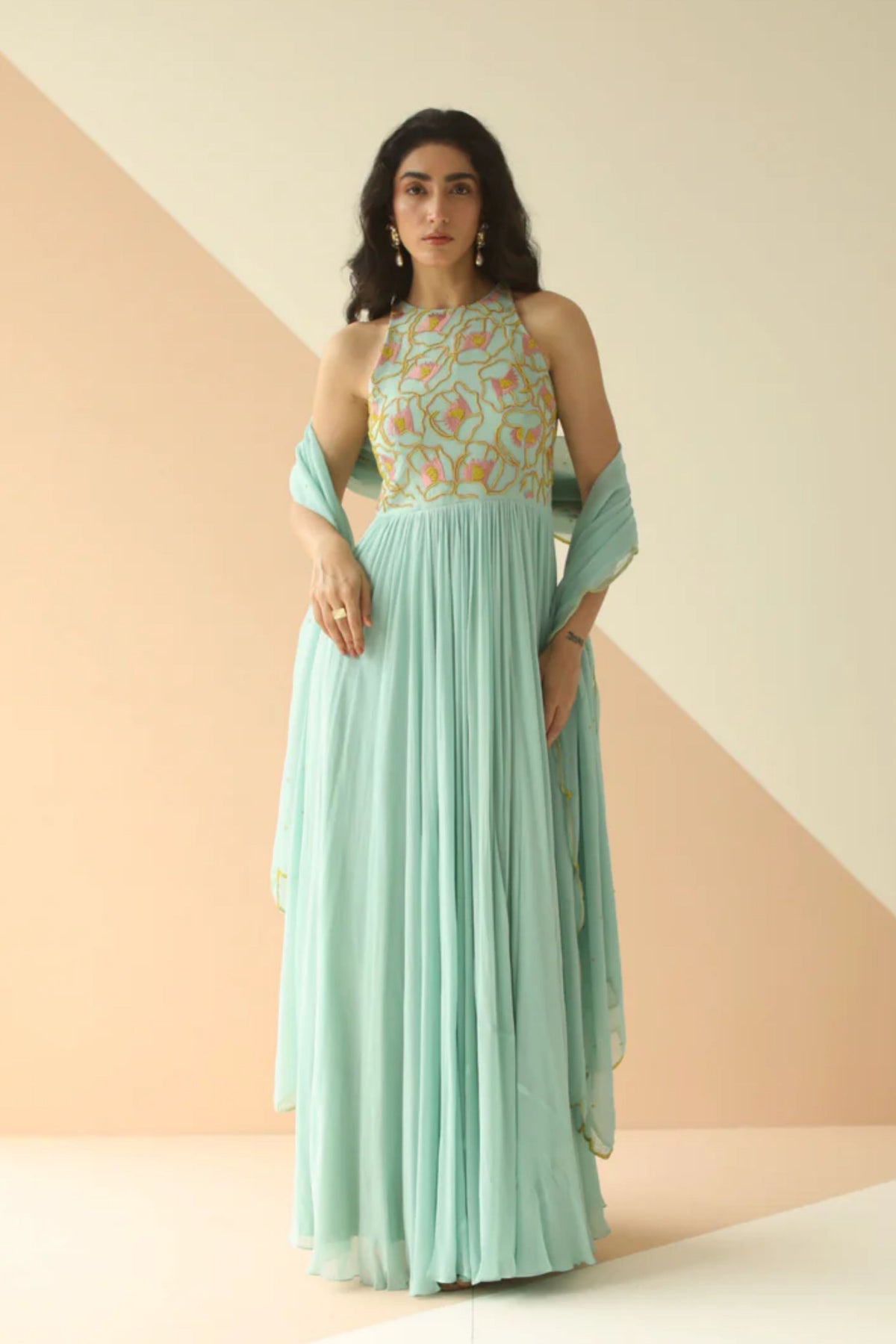 Mint blue abstract yoke anarkali