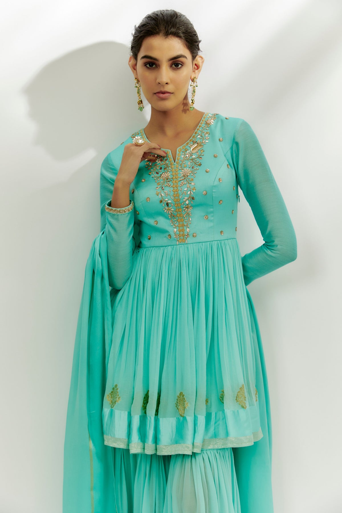 Cyan Blue Embroidered Garara Set