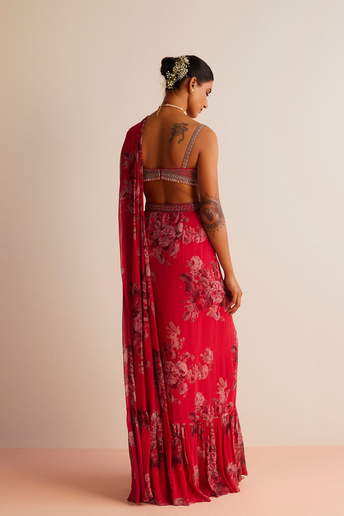 Red Rumi Pre-draped Saree