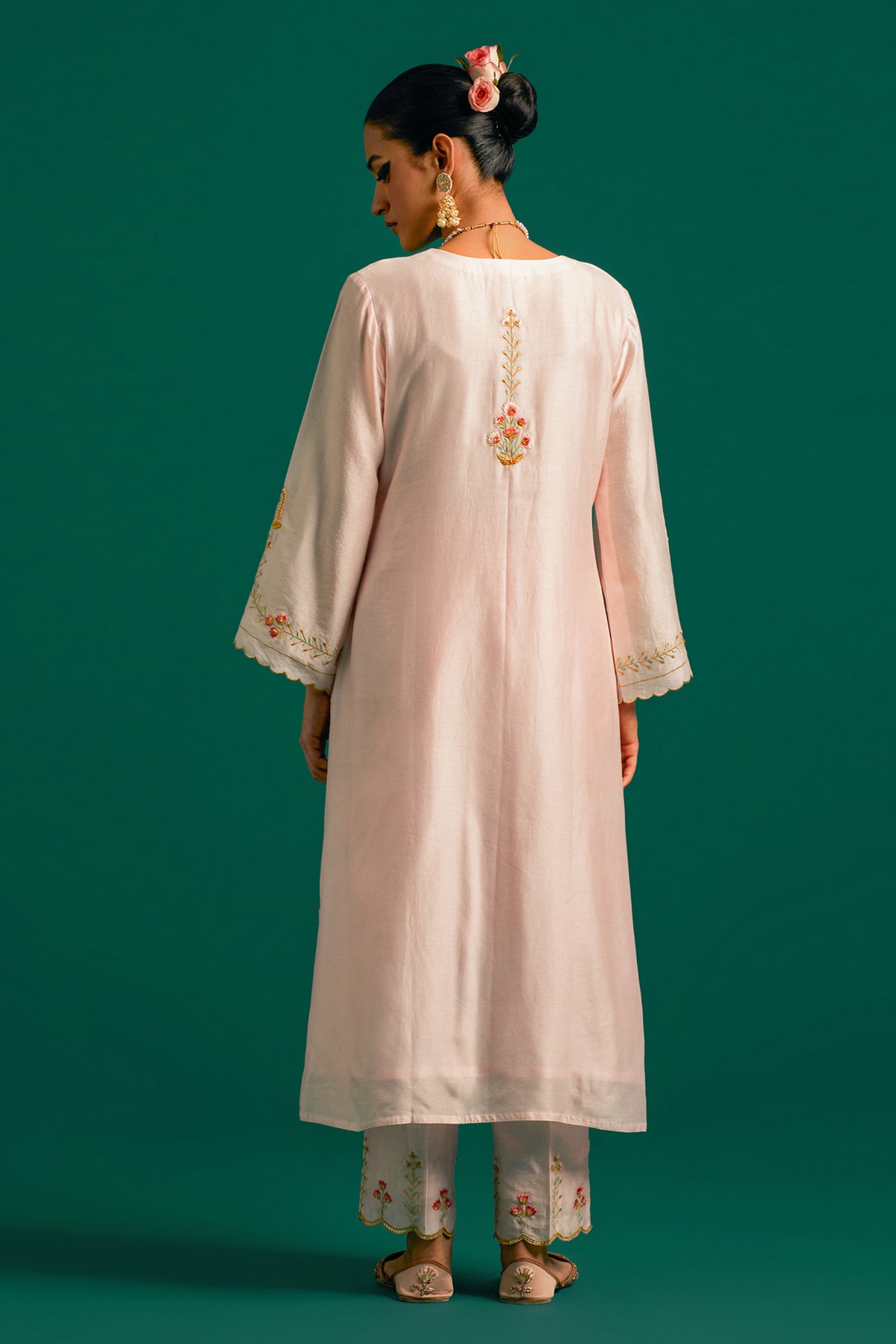 Pink Silk Chanderi Kurta and Pant With Green Dupatta