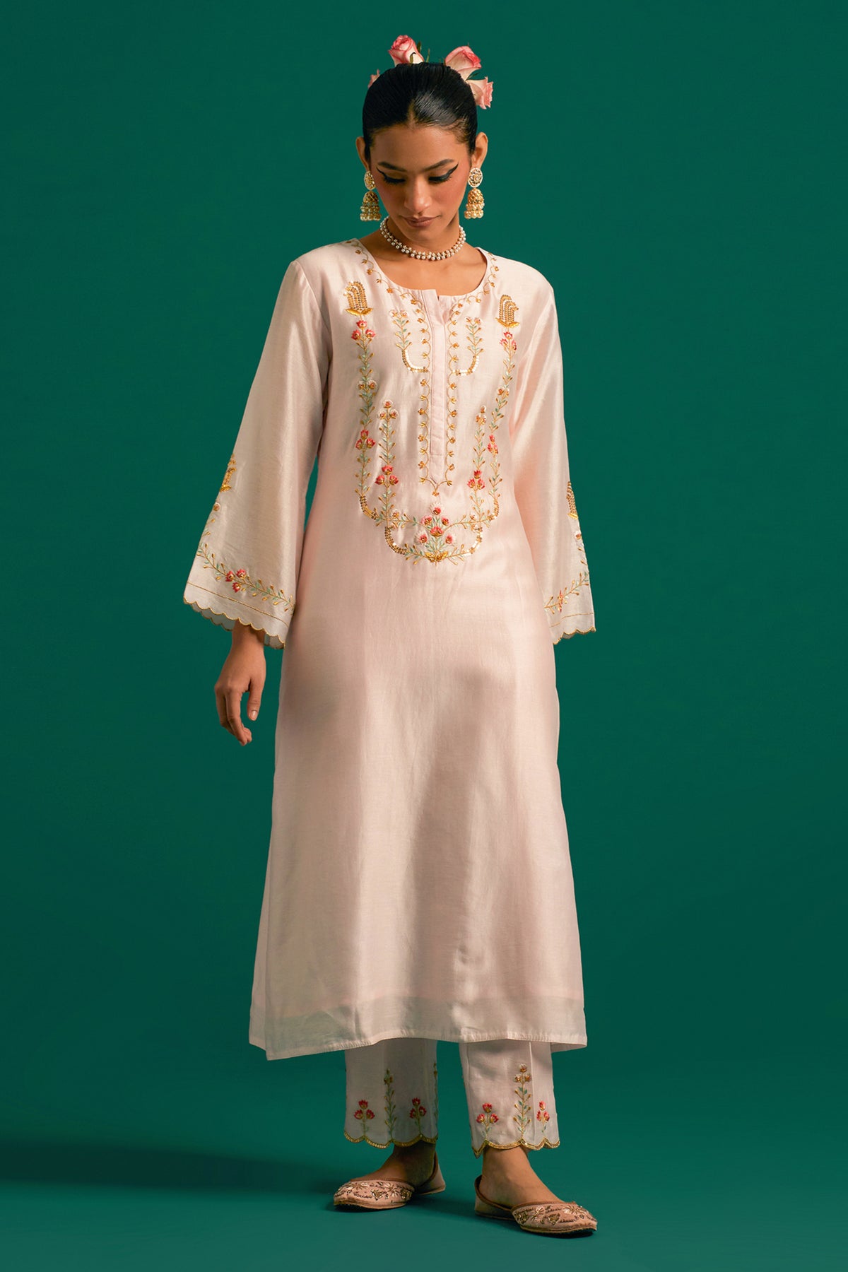 Pink Silk Chanderi Kurta and Pant With Green Dupatta